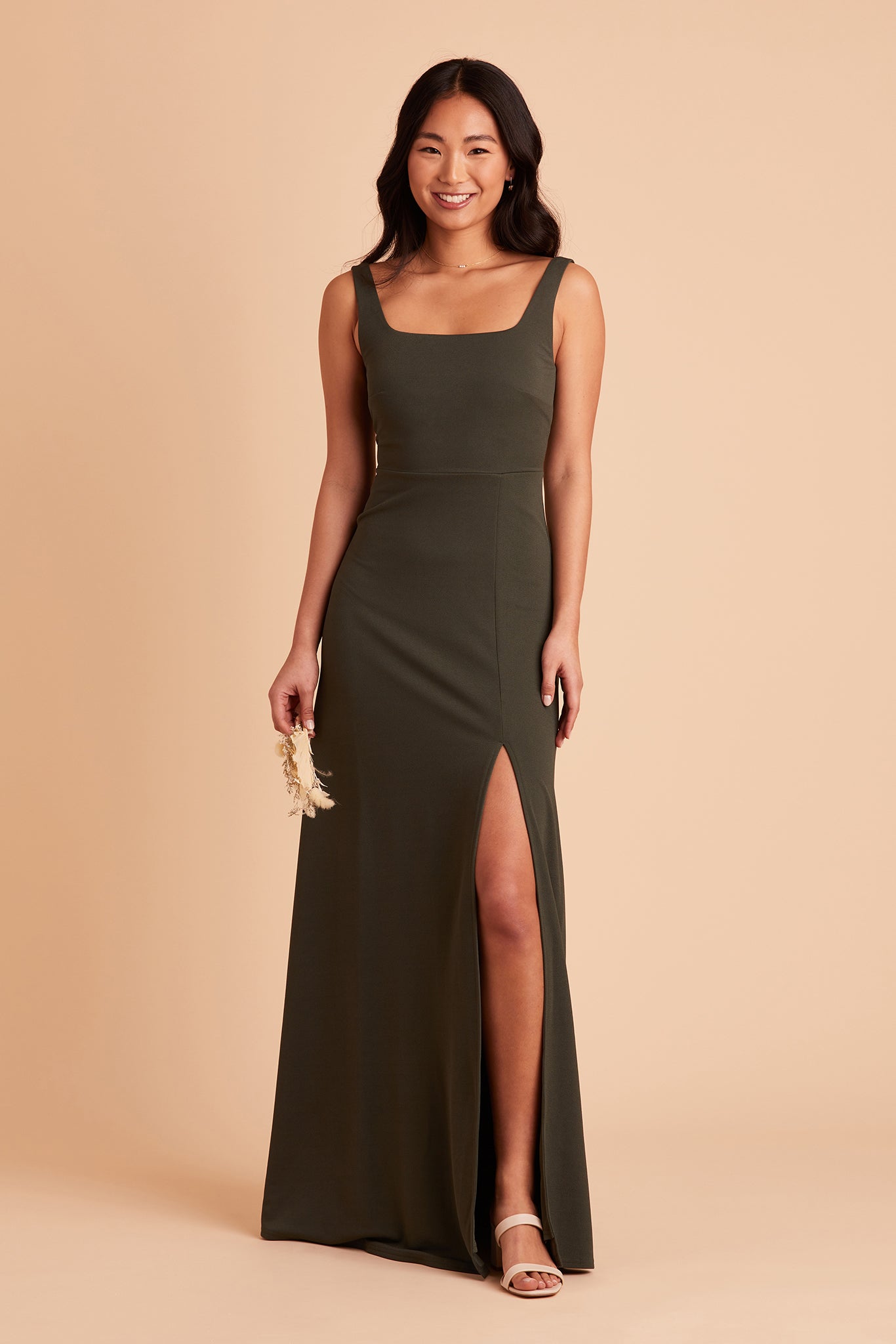 Alex convertible bridesmaid dress with slit in olive crepe by Birdy Grey, front view