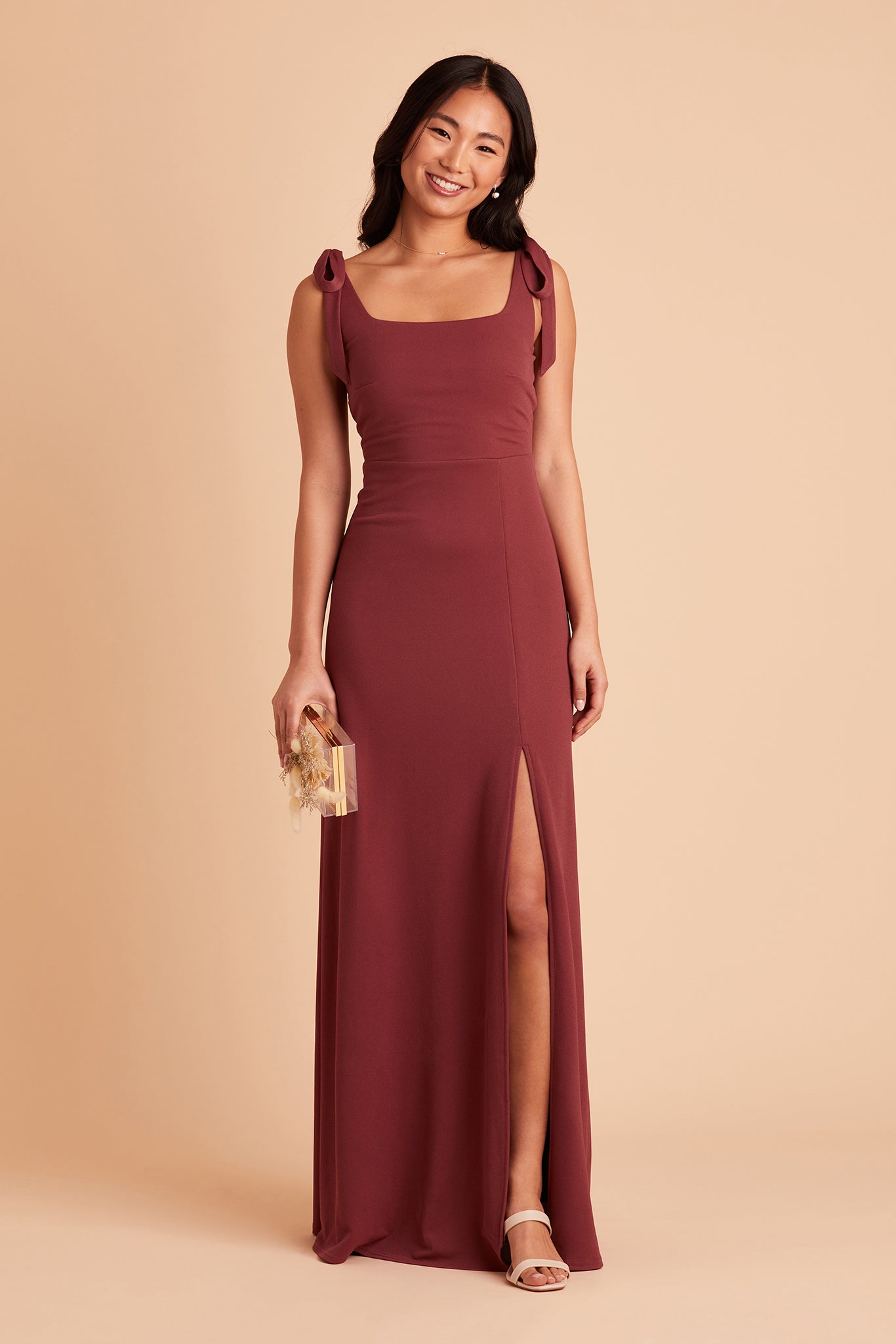 Alex bridesmaid dress with slit in rosewood crepe by Birdy Grey, front view