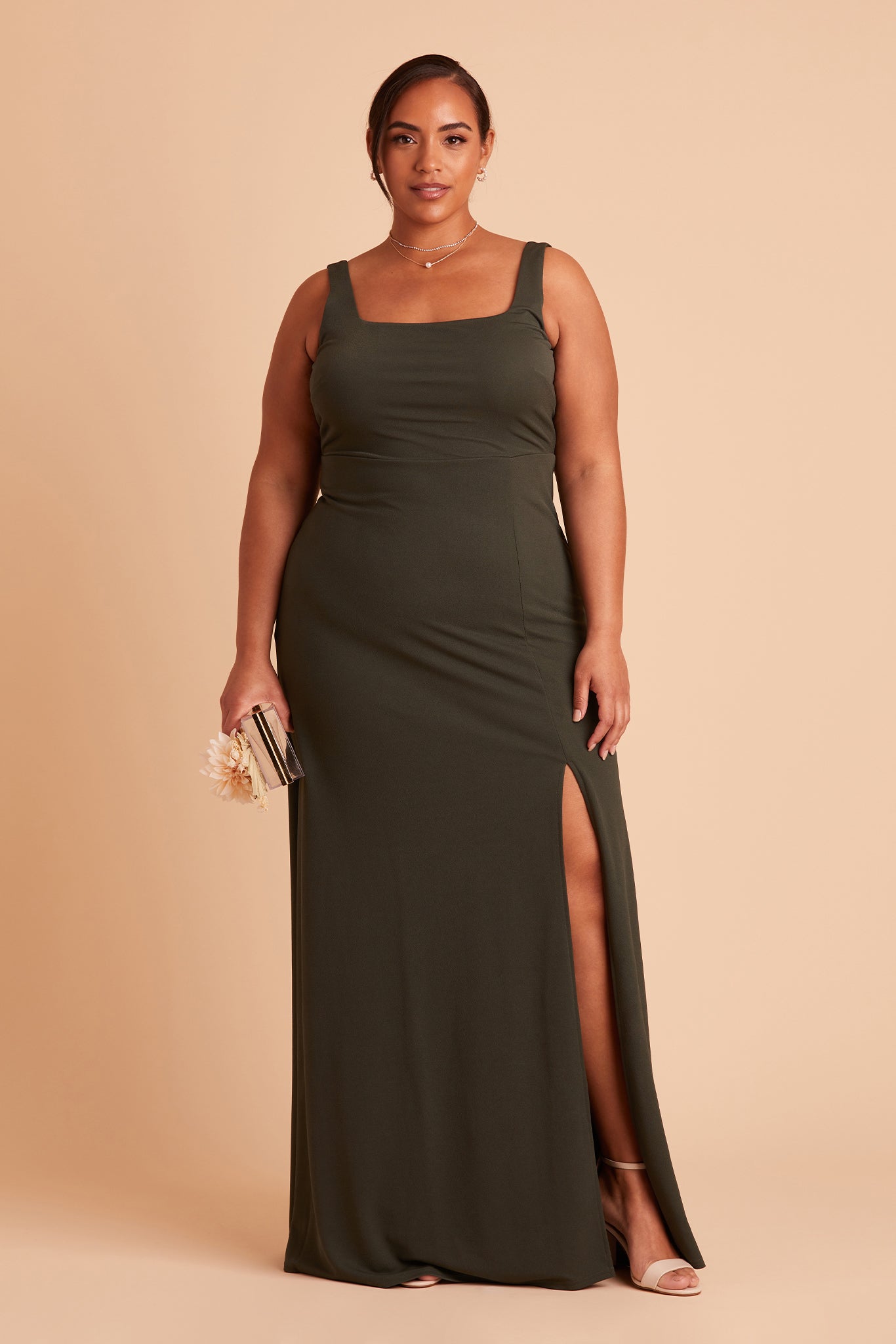 Alex convertible plus size bridesmaid dress with slit in olive crepe by Birdy Grey, front view
