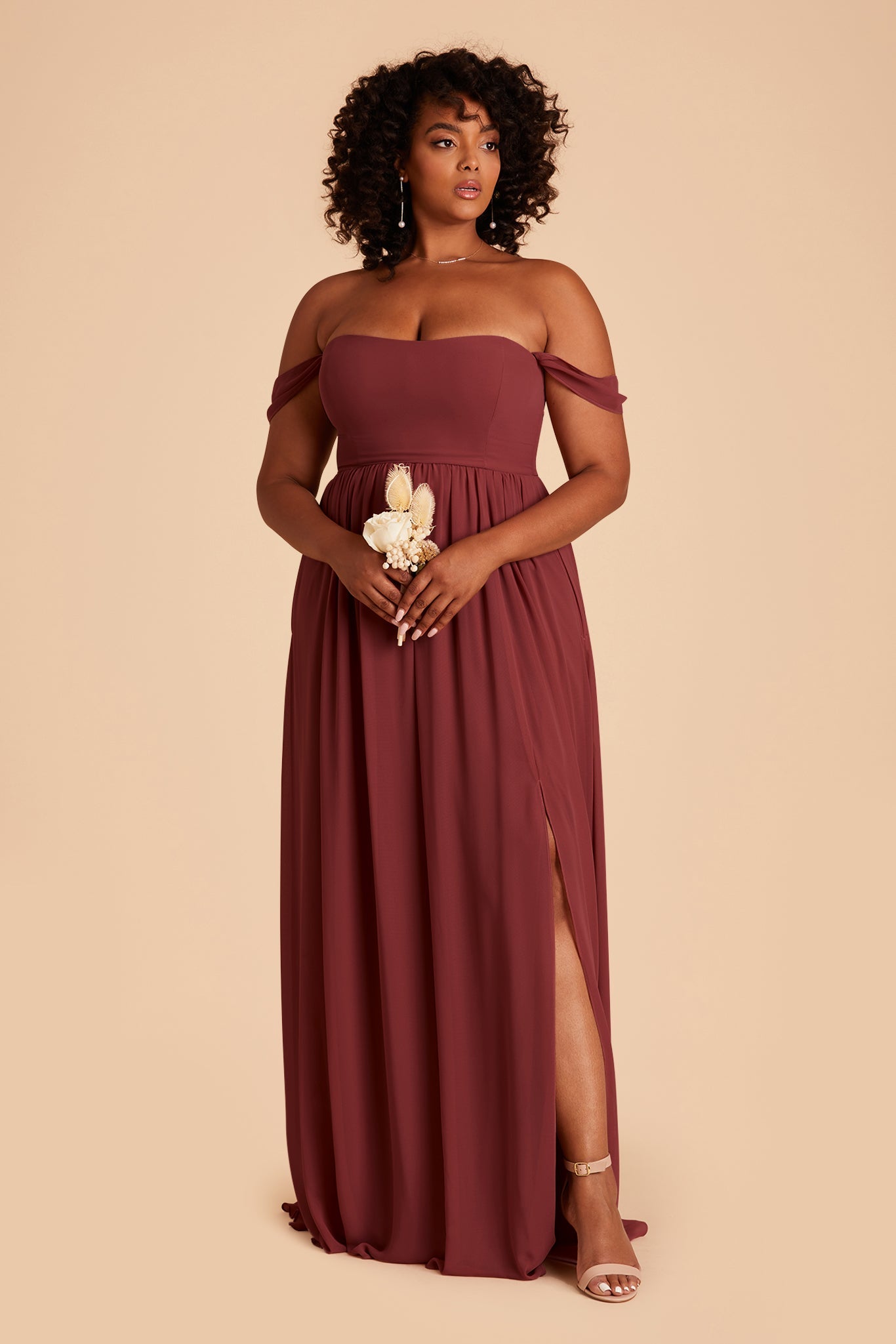 August plus size bridesmaid dress with slit in rosewood chiffon by Birdy Grey, front view