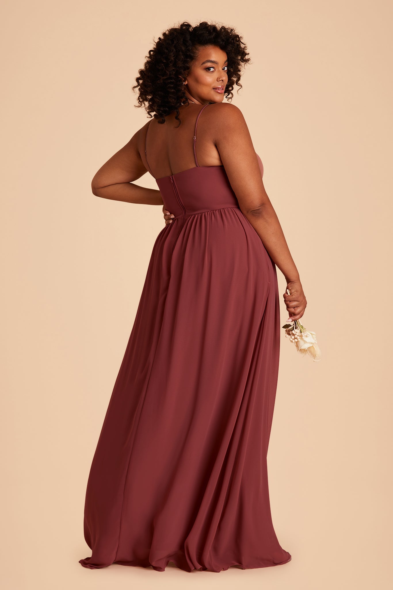 August plus size bridesmaid dress with slit in rosewood chiffon by Birdy Grey, side view