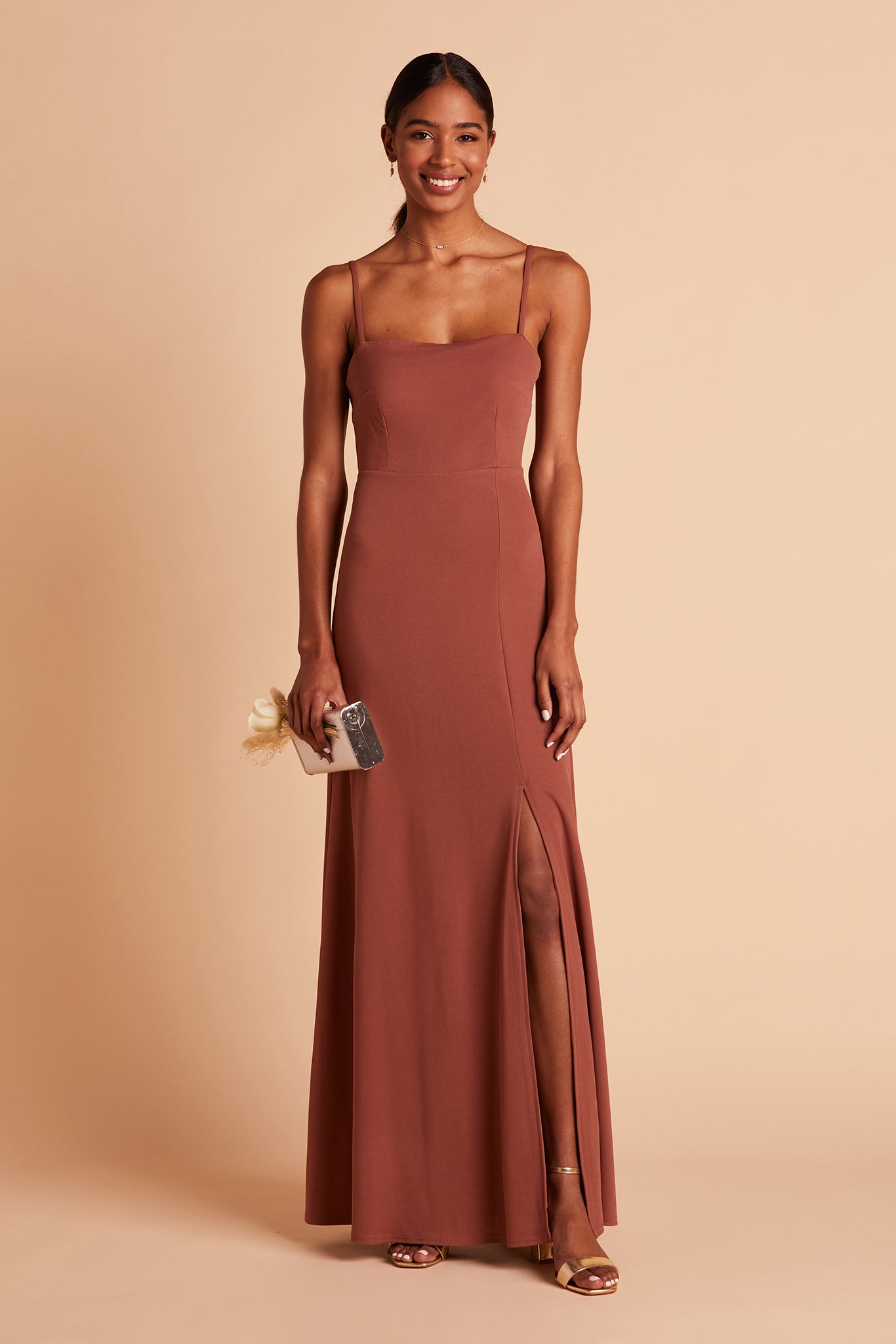 Benny bridesmaid dress with slit in desert rose crepe by Birdy Grey, front view