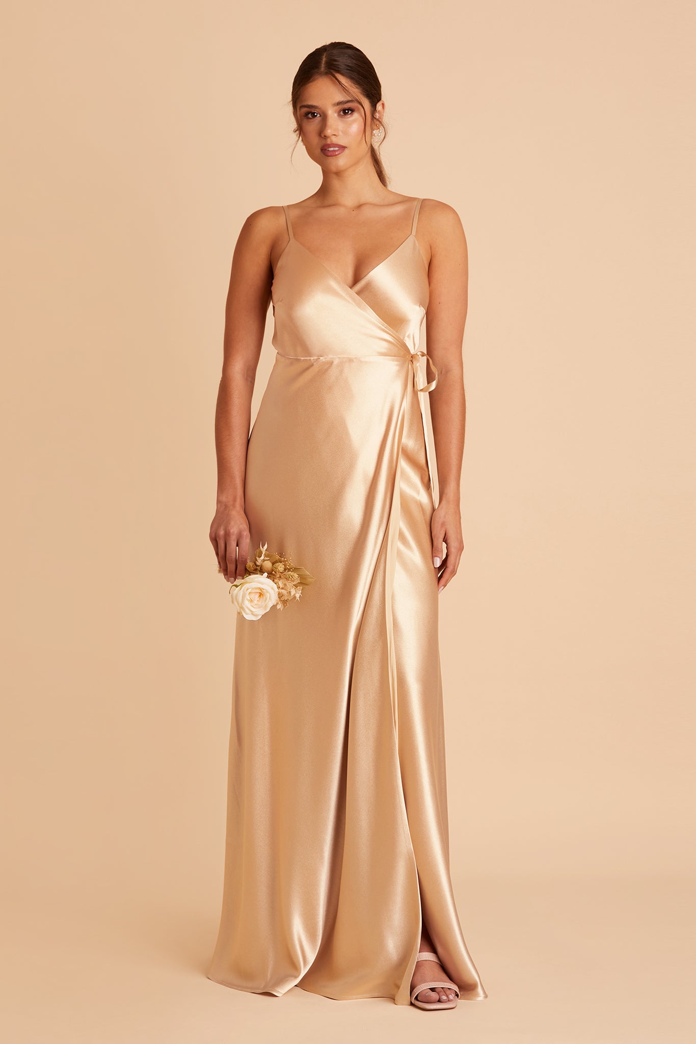 Cindy Satin Dress in gold satin by Birdy Grey, front view