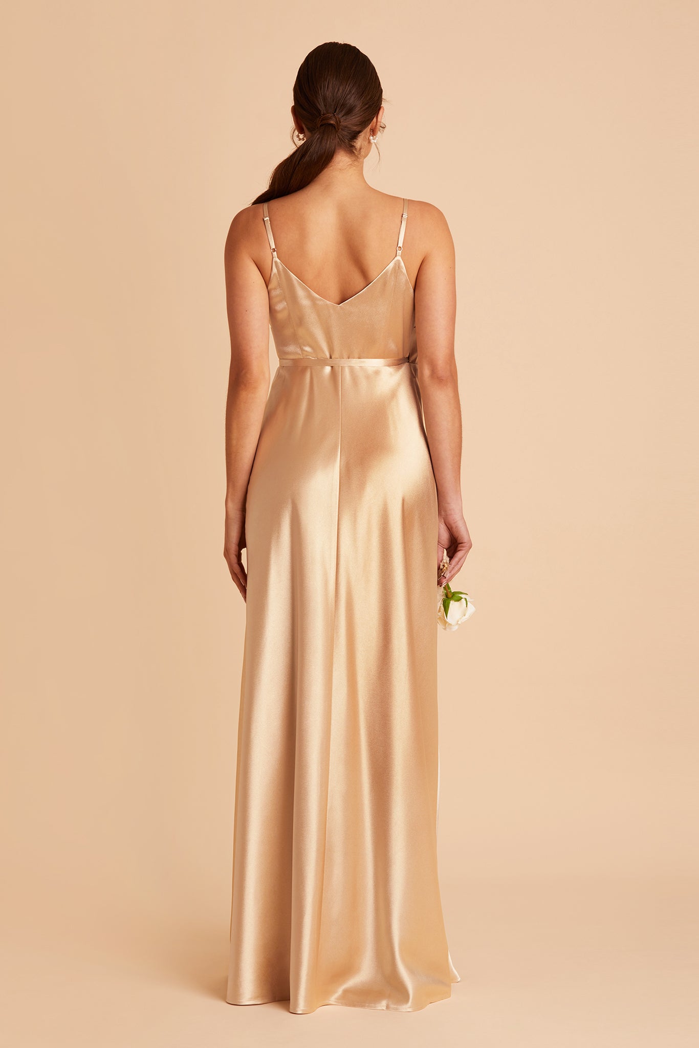 Cindy Satin Dress in gold satin by Birdy Grey, back view