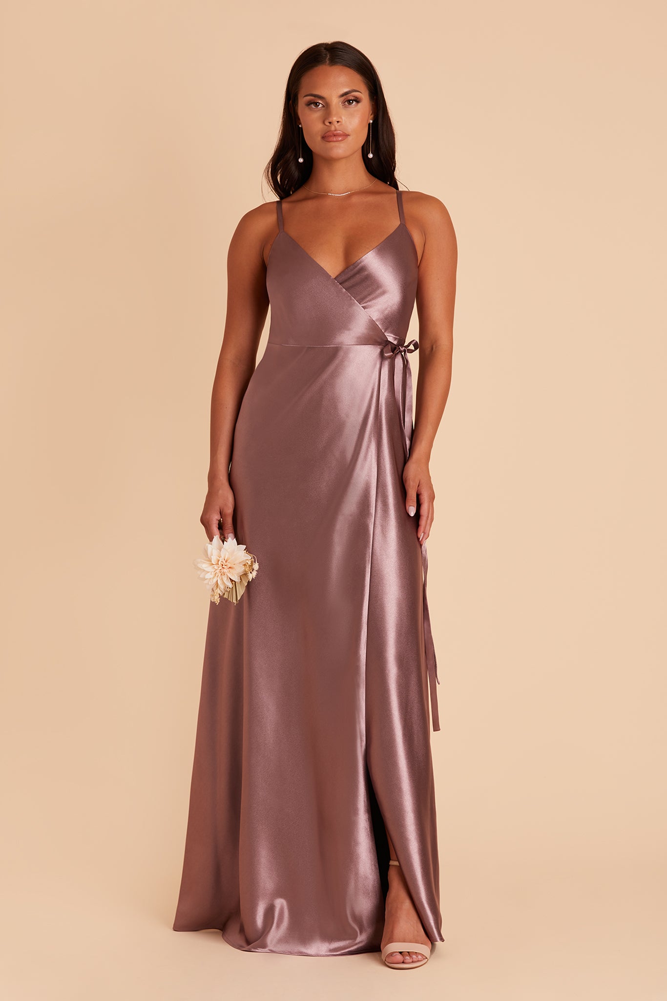Cindy bridesmaid dress with slit in dark mauve satin by Birdy Grey, front view
