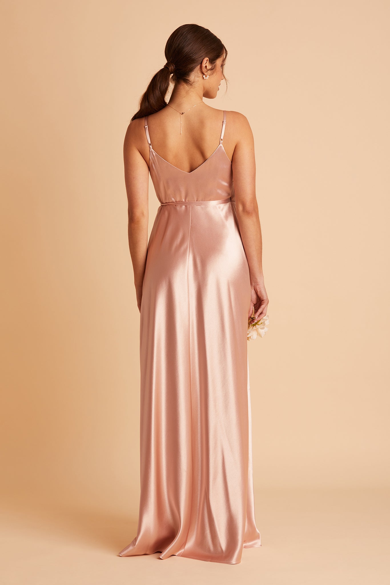 Cindy bridesmaid dress with slit in rose gold satin by Birdy Grey, back view