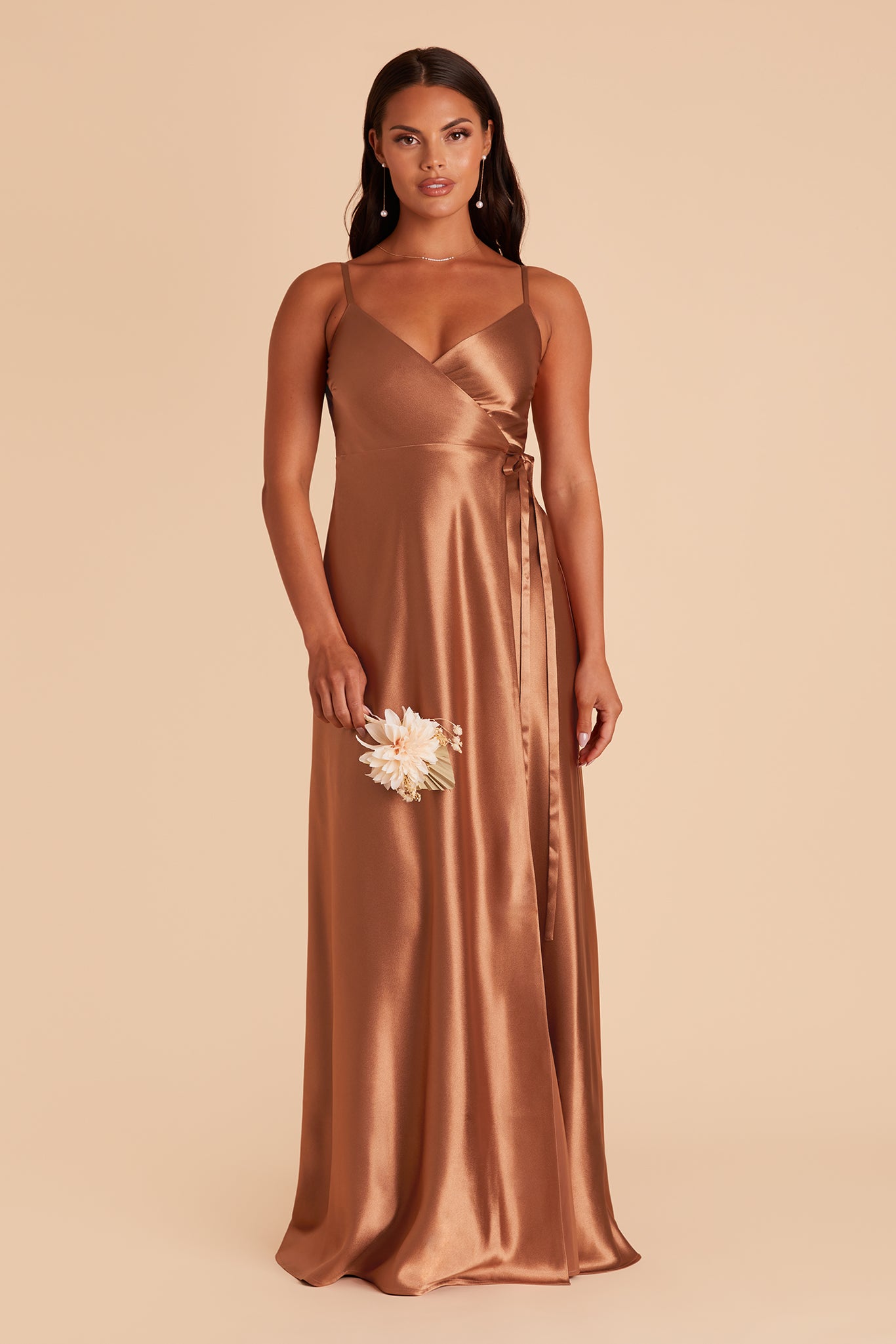 Cindy bridesmaid dress with slit in Rust satin by Birdy Grey, front view