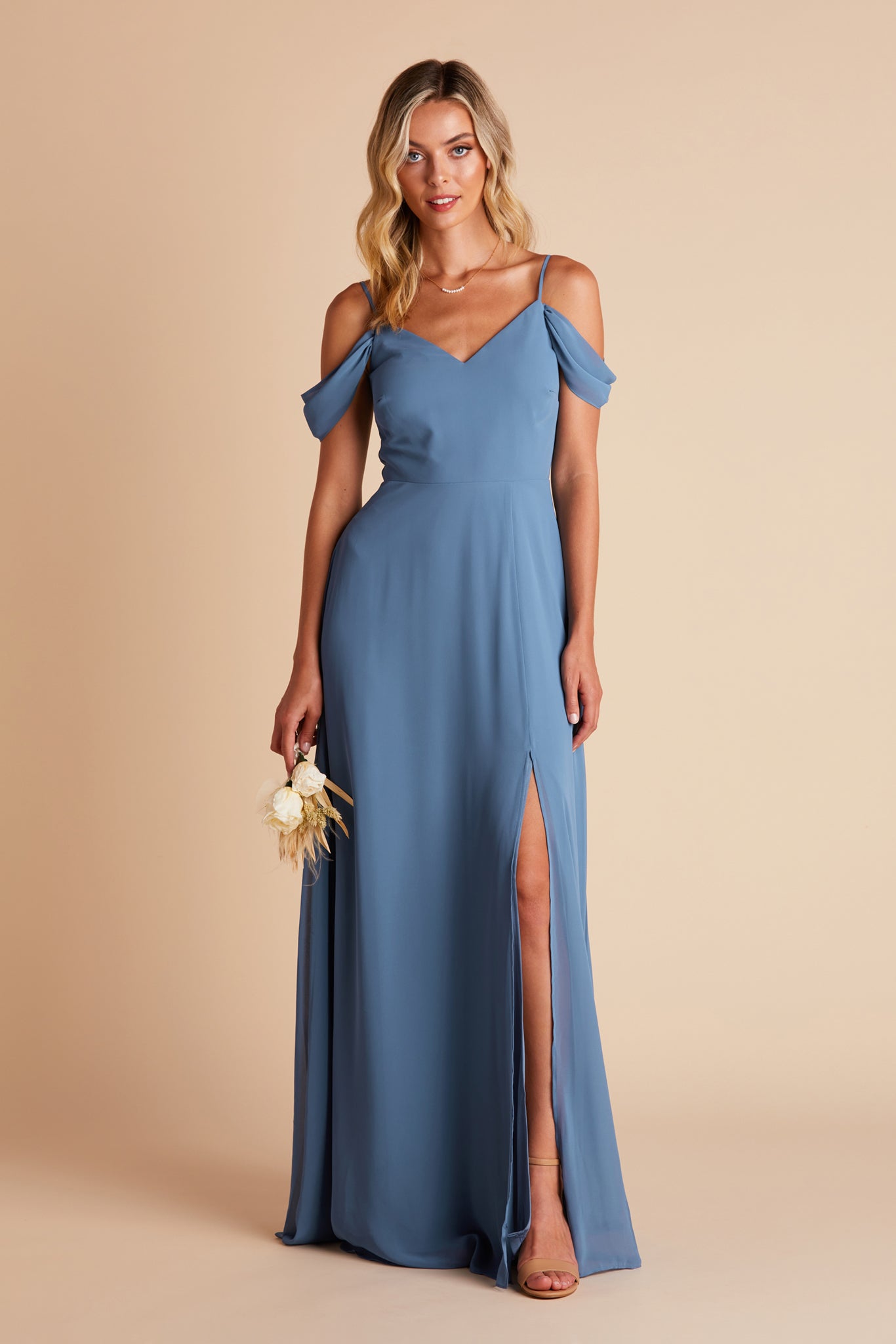 Devin convertible bridesmaids dress with slit in twilight blue chiffon by Birdy Grey, front view
