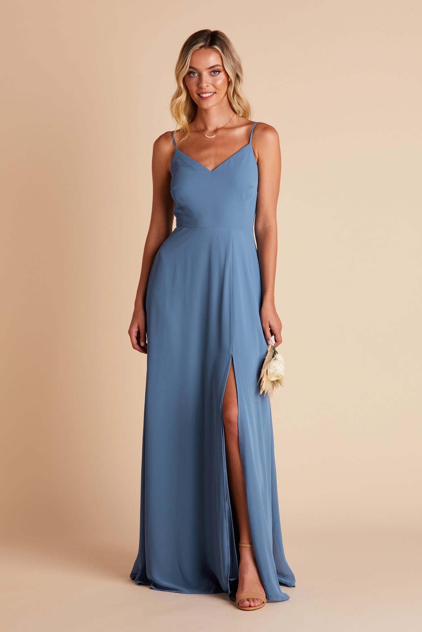 Devin convertible bridesmaids dress with slit in twilight blue chiffon by Birdy Grey, front view