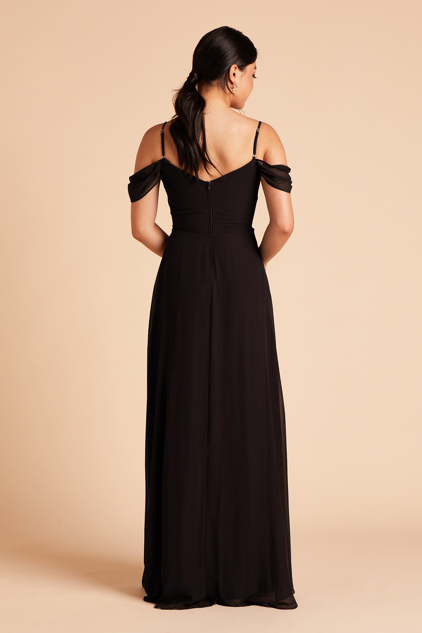 Long floor-sweeping black chiffon bridesmaid dress with sleeves
