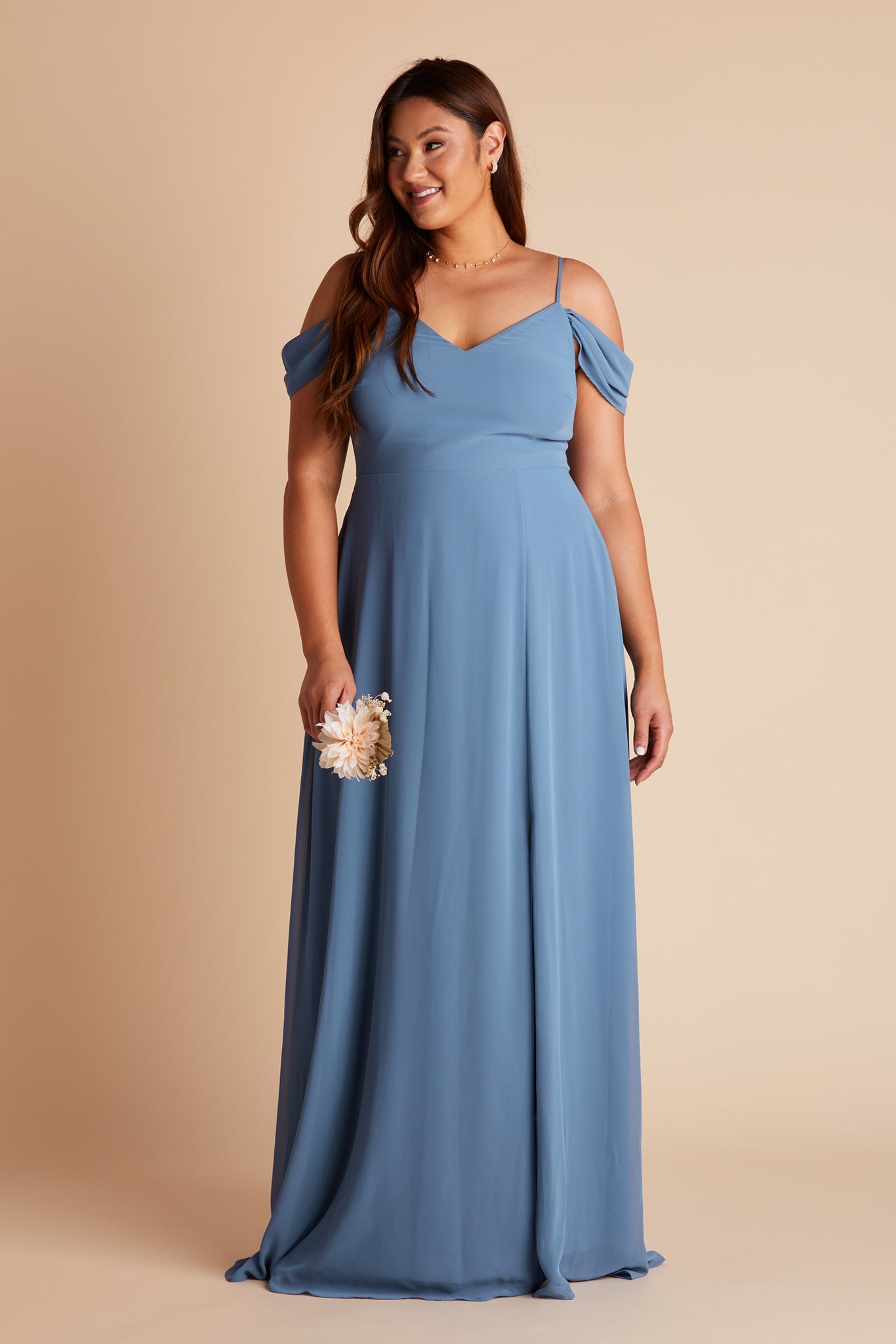 Devin convertible plus size bridesmaids dress in twilight blue chiffon by Birdy Grey, front view