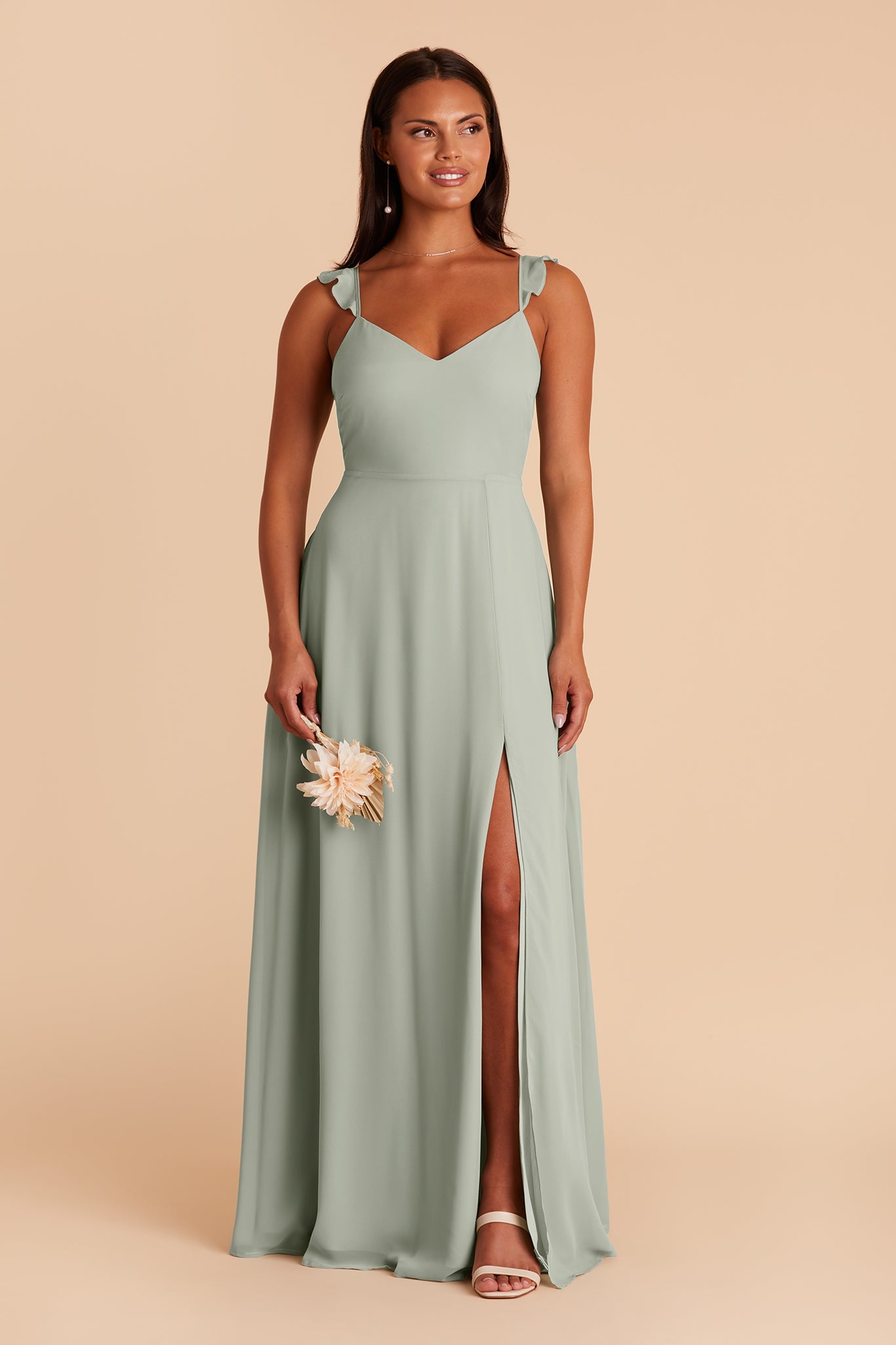 Doris bridesmaid dress with slit in sage chiffon by Birdy Grey, front view