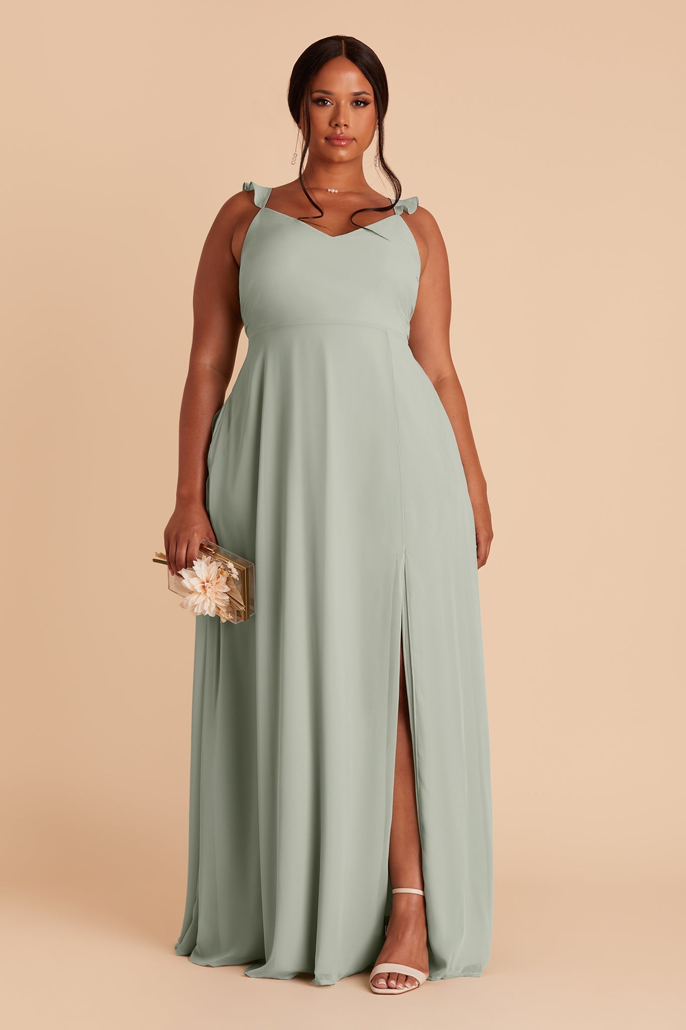 Doris plus size bridesmaid dress with slit in sage chiffon by Birdy Grey, front view