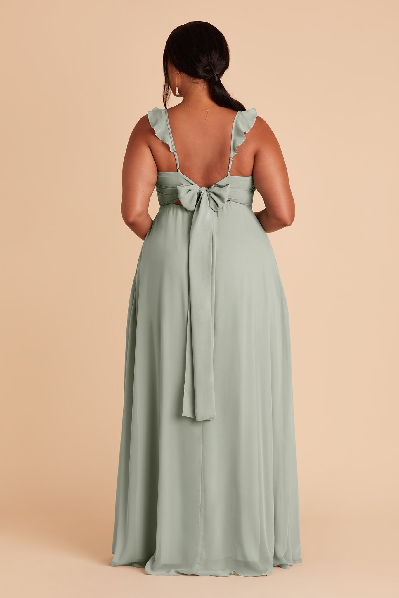 Doris plus size bridesmaid dress with slit in sage chiffon by Birdy Grey, back view