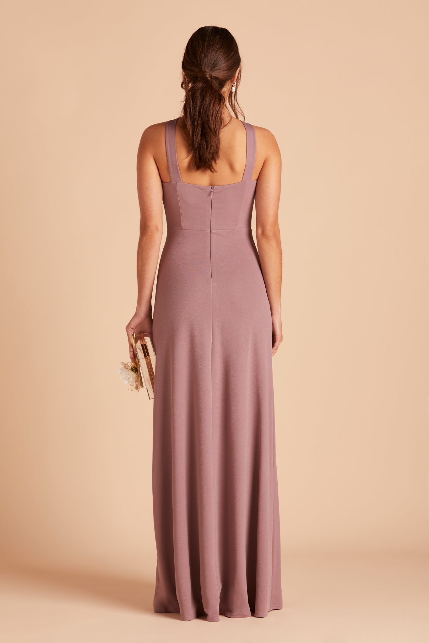 Gene bridesmaid dress with slit in dark mauve crepe by Birdy Grey, back view