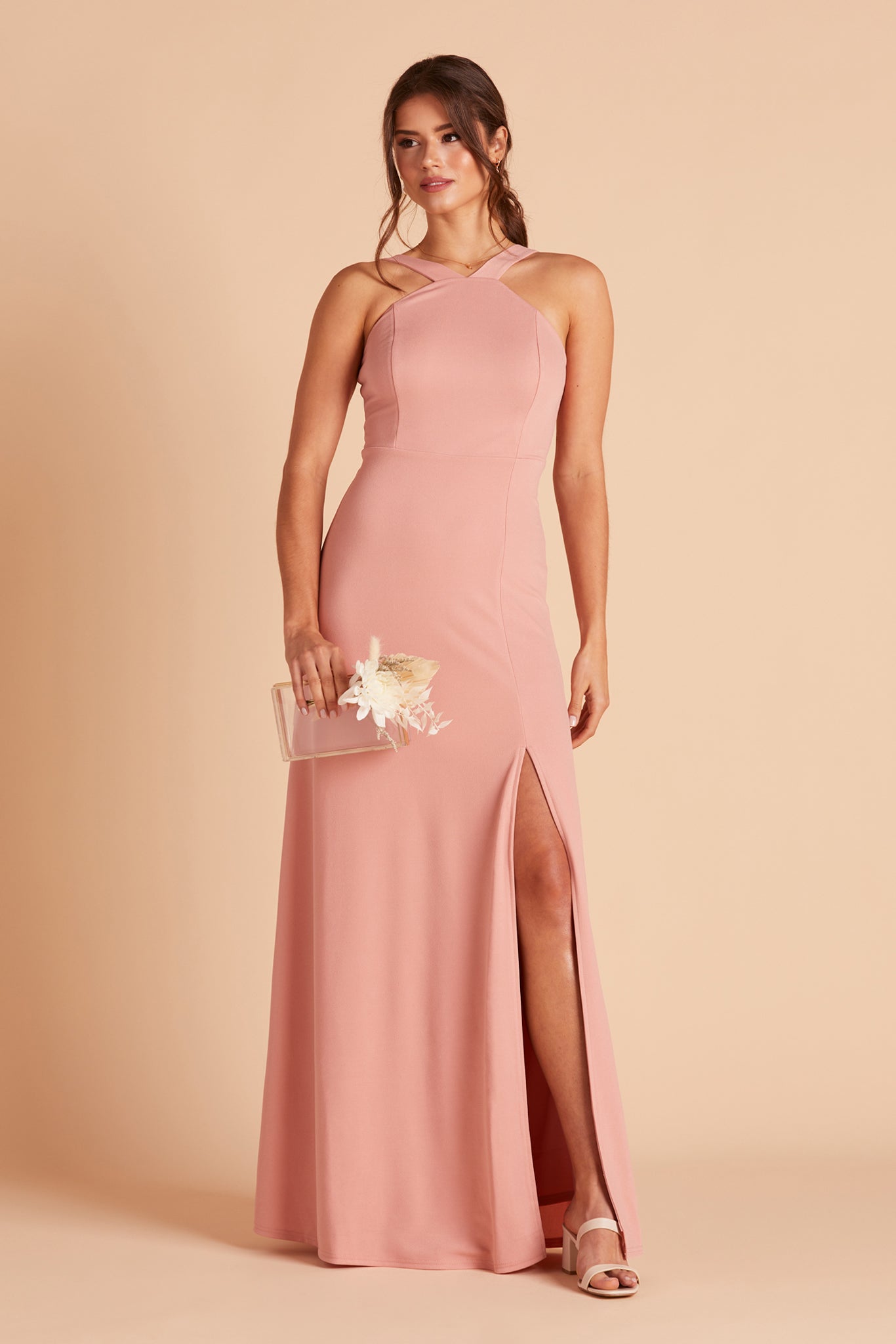 Gene bridesmaid dress with slit in dusty rose crepe by Birdy Grey, front view