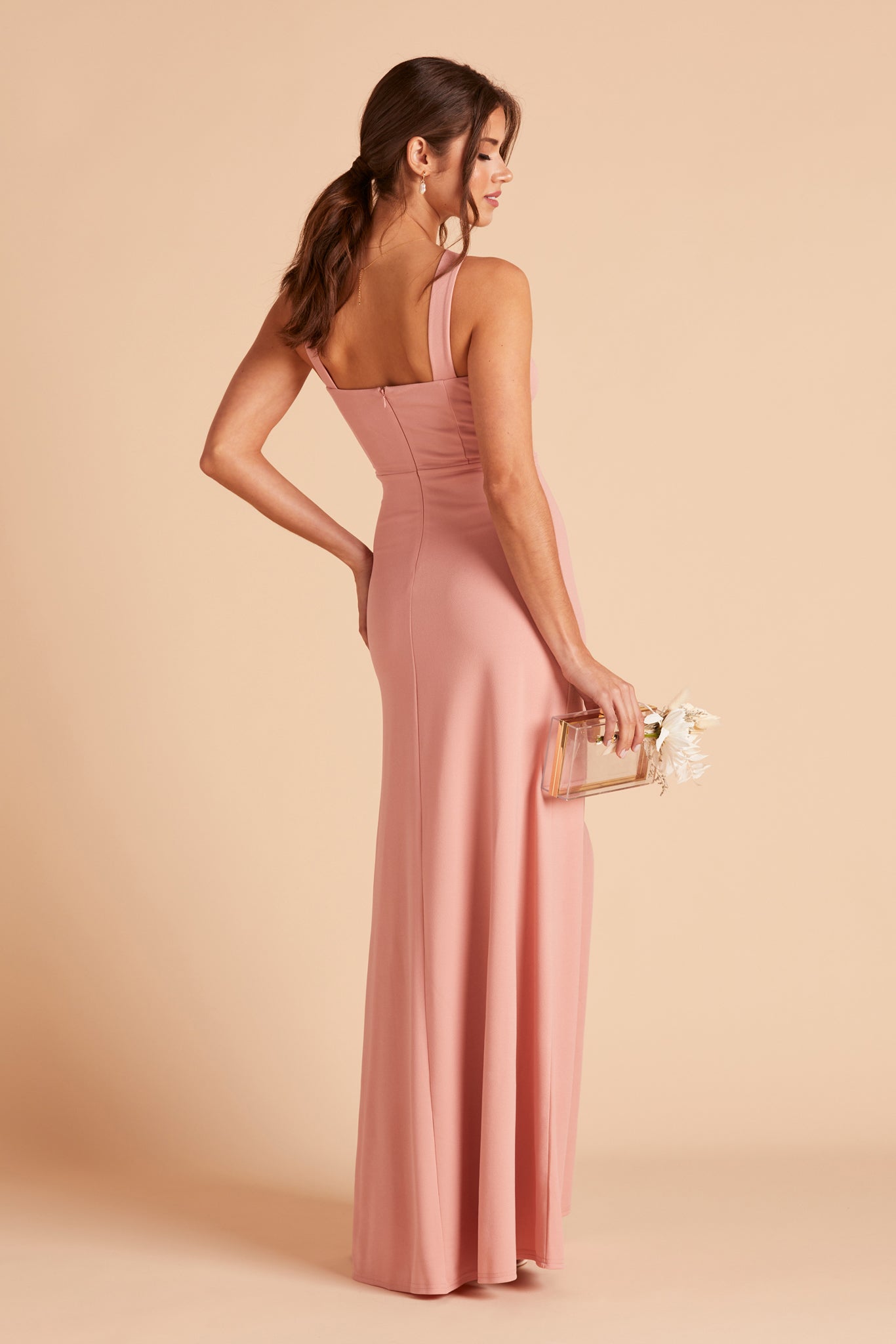 Gene bridesmaid dress with slit in dusty rose crepe by Birdy Grey, side view