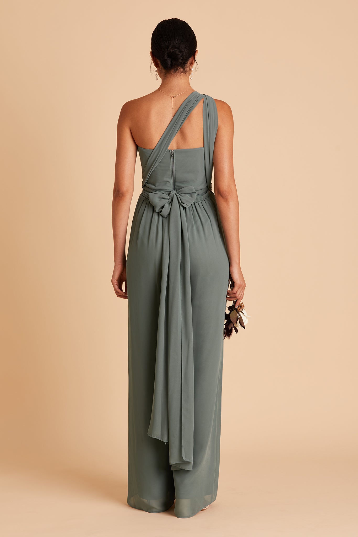 Gigi convertible jumpsuit in sea glass chiffon by Birdy Grey, back view