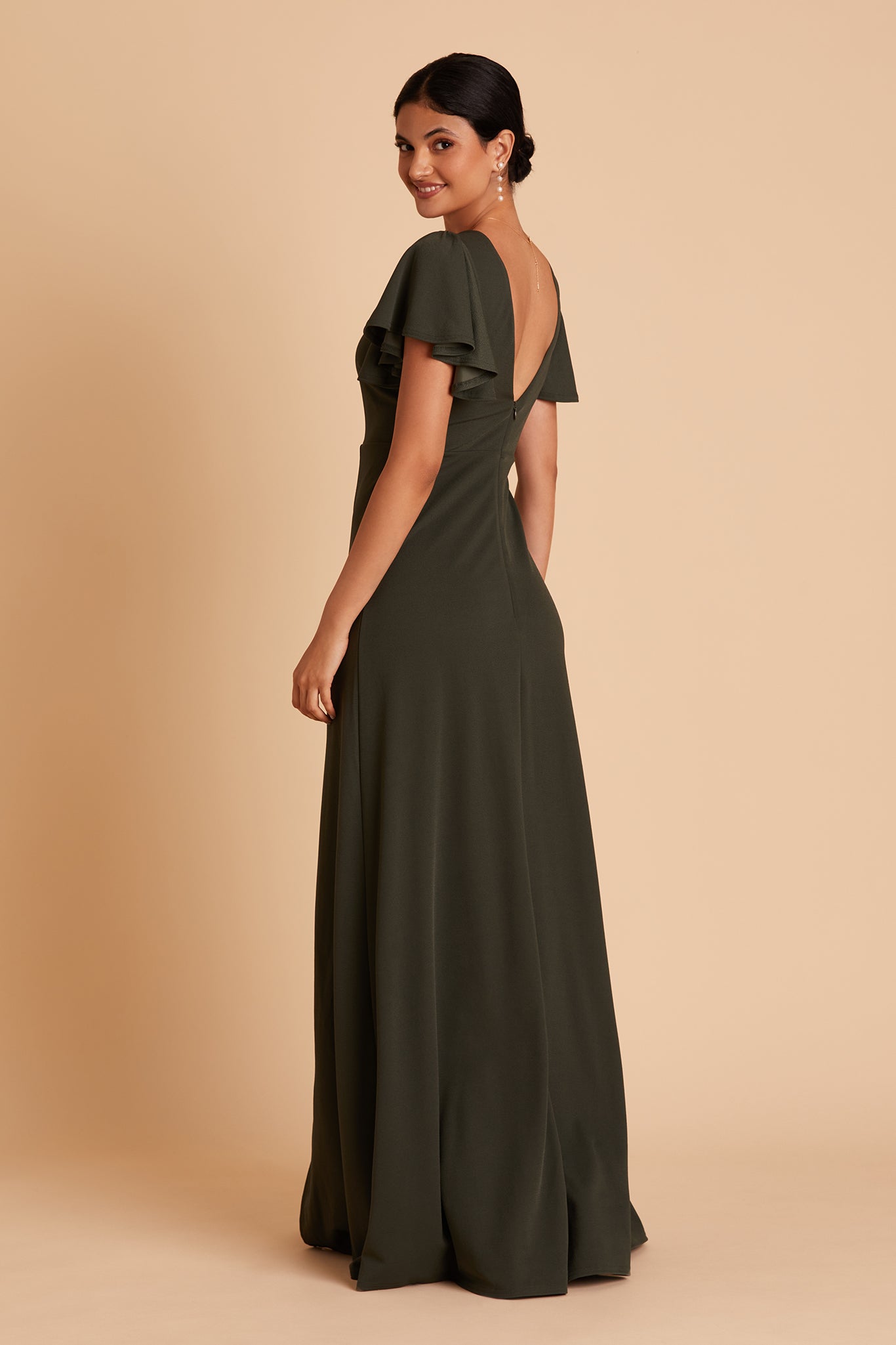 Hannah convertible bridesmaid dress with slit in olive crepe by Birdy Grey, side view