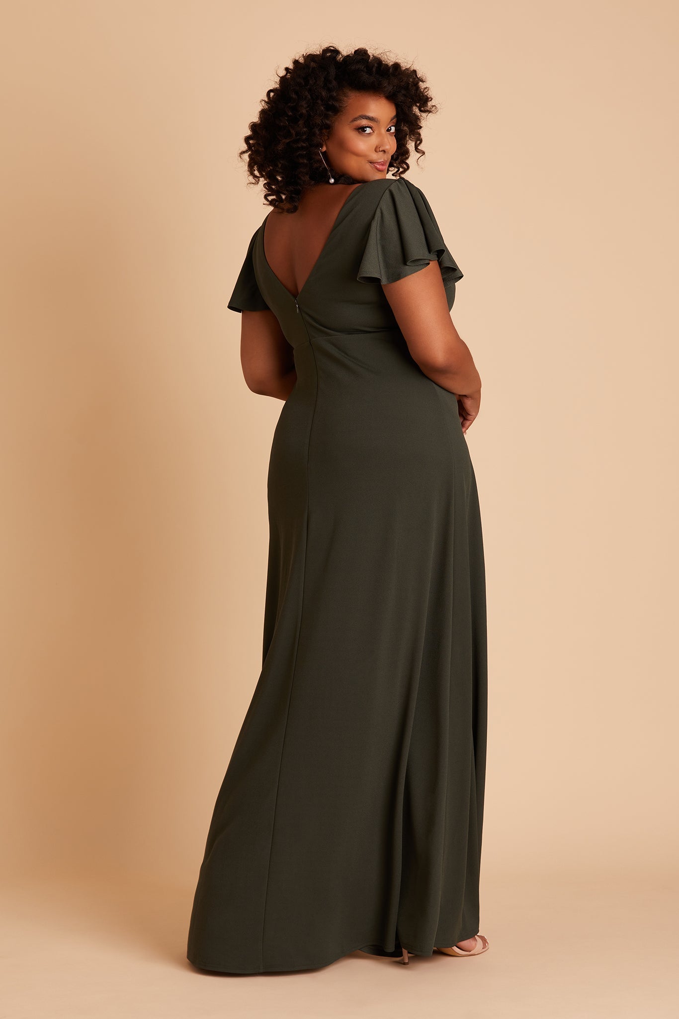Hannah convertible plus size bridesmaid dress with slit in olive crepe by Birdy Grey, back view