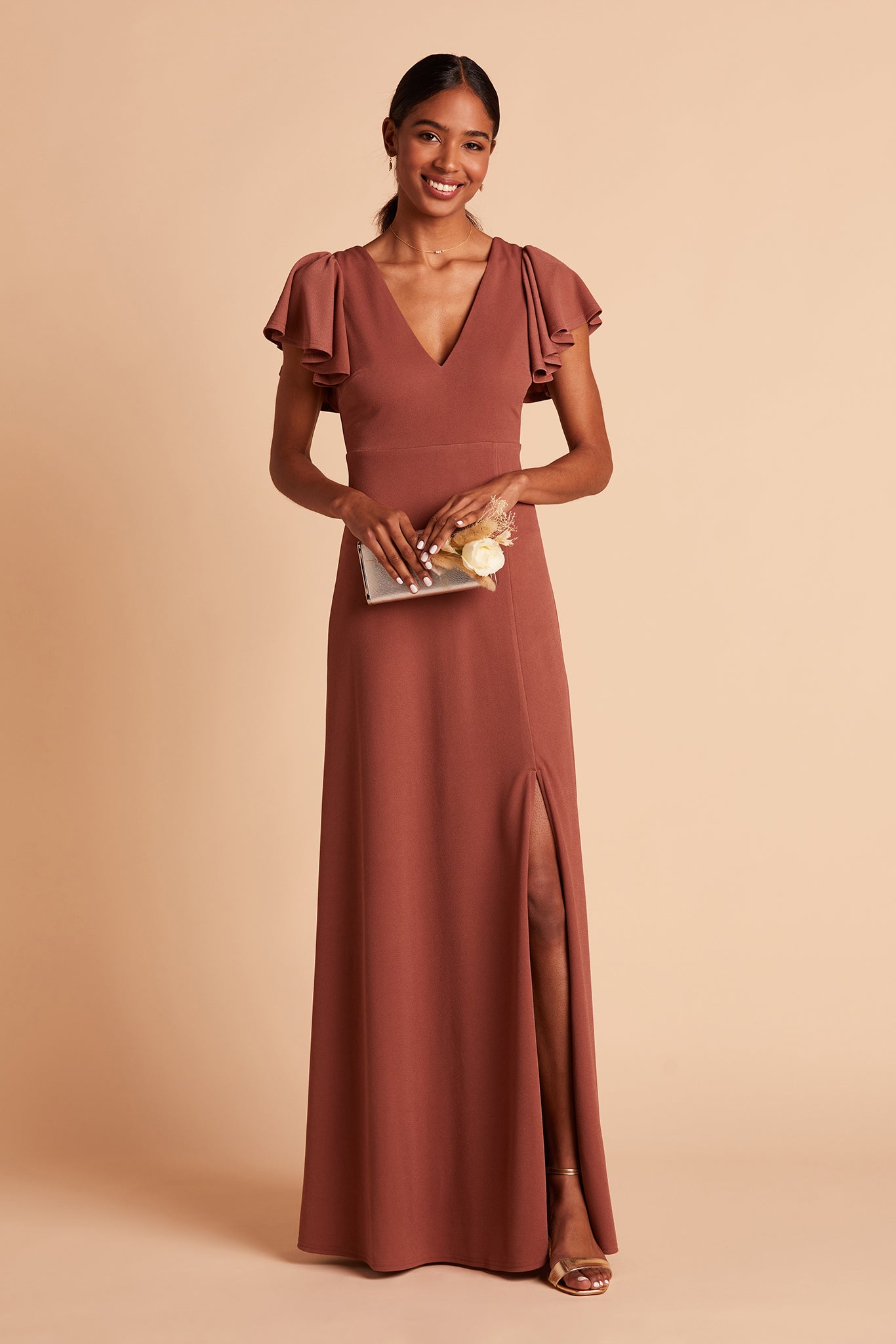 Hannah bridesmaid dress with slit in desert rose crepe by Birdy Grey, front view