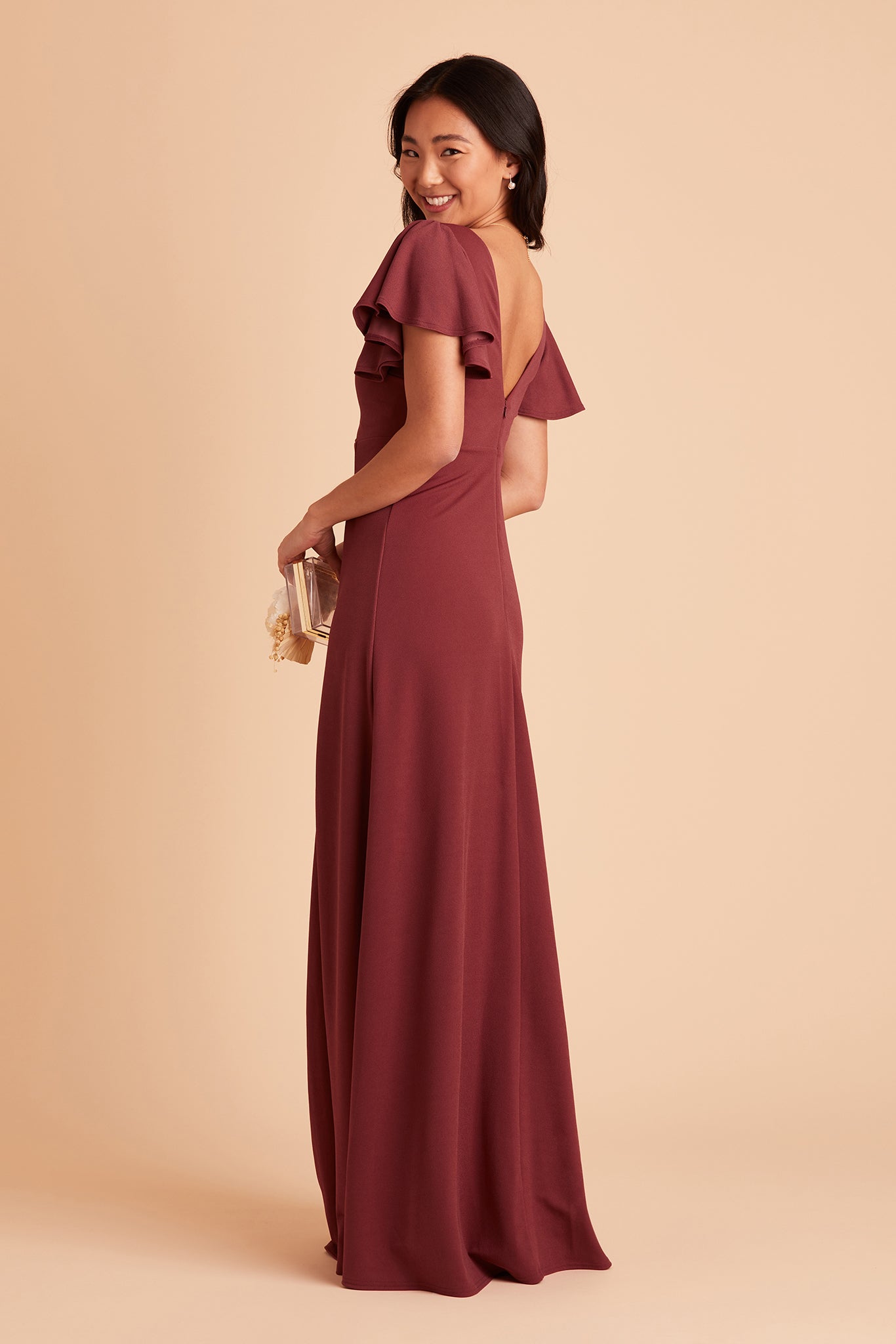 Hannah bridesmaid dress with slit in rosewood crepe by Birdy Grey, side view