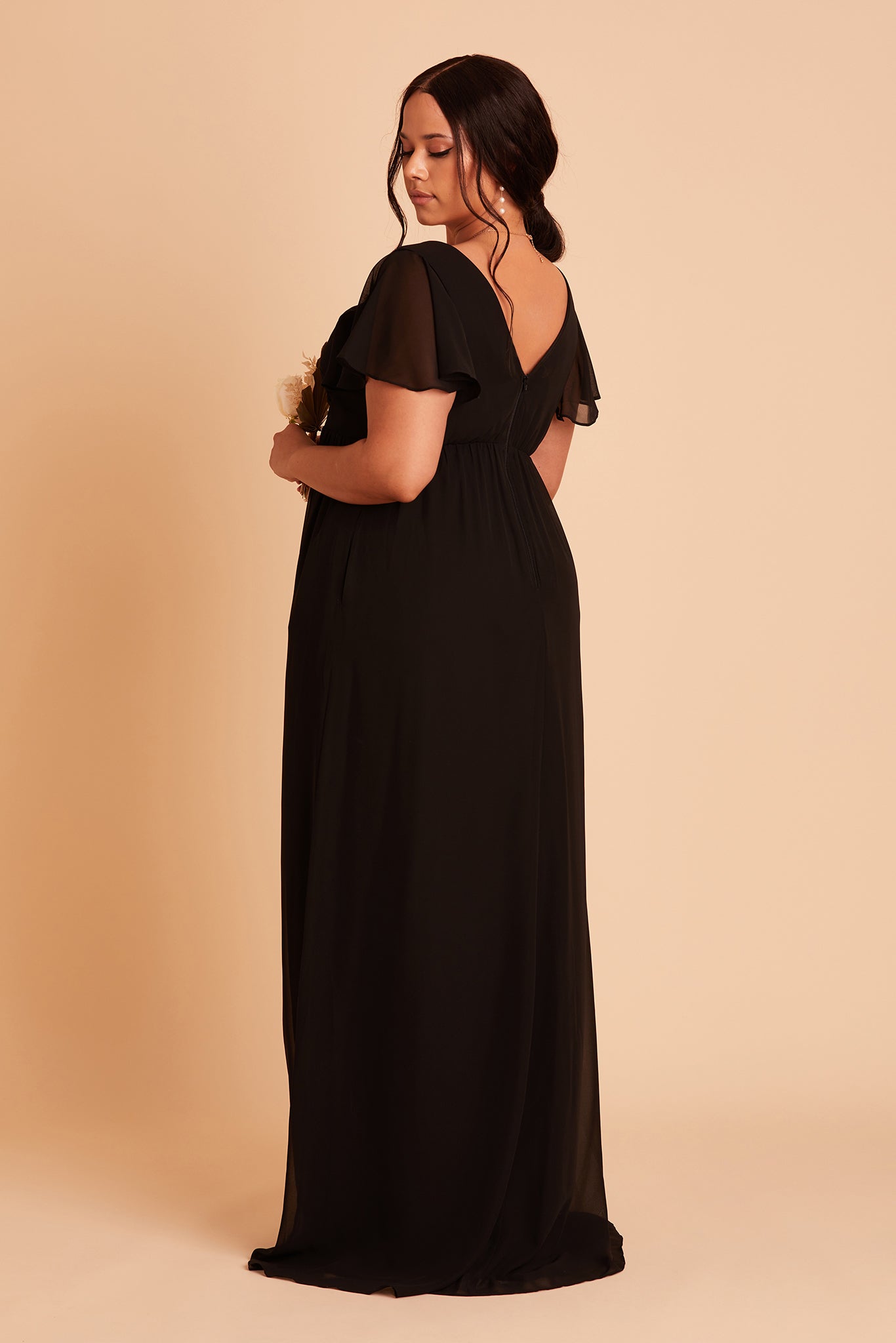 Hannah empire plus size bridesmaid dress in black chiffon by Birdy Grey, side view