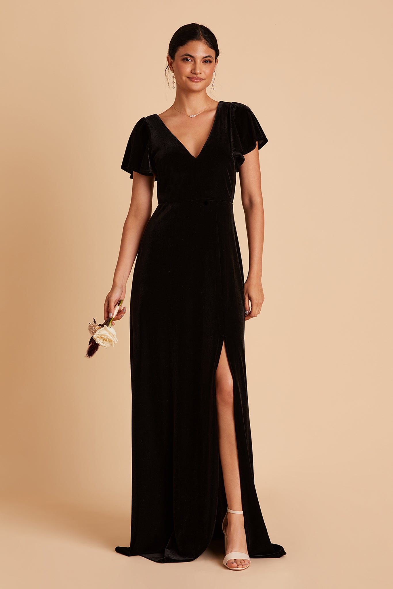 Hannah bridesmaid dress with slit in black velvet by Birdy Grey, front view