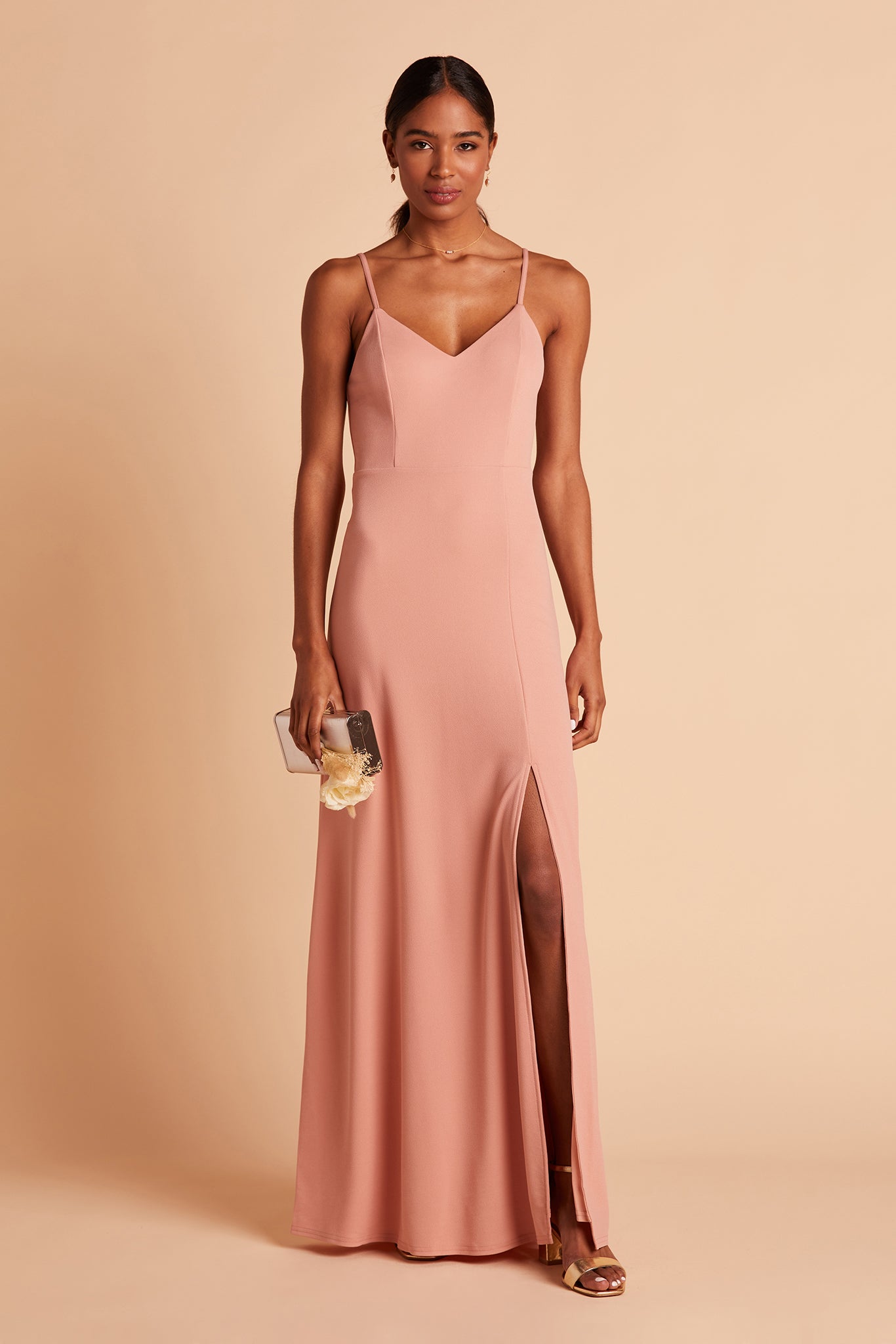 Jay bridesmaid dress with slit in dusty rose crepe by Birdy Grey, front view
