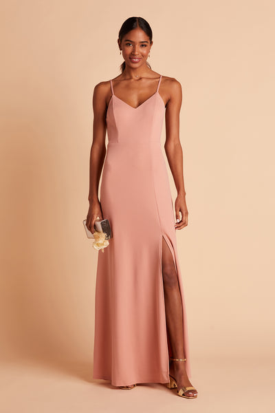 Jay bridesmaid dress with slit in dusty rose crepe by Birdy Grey, front view