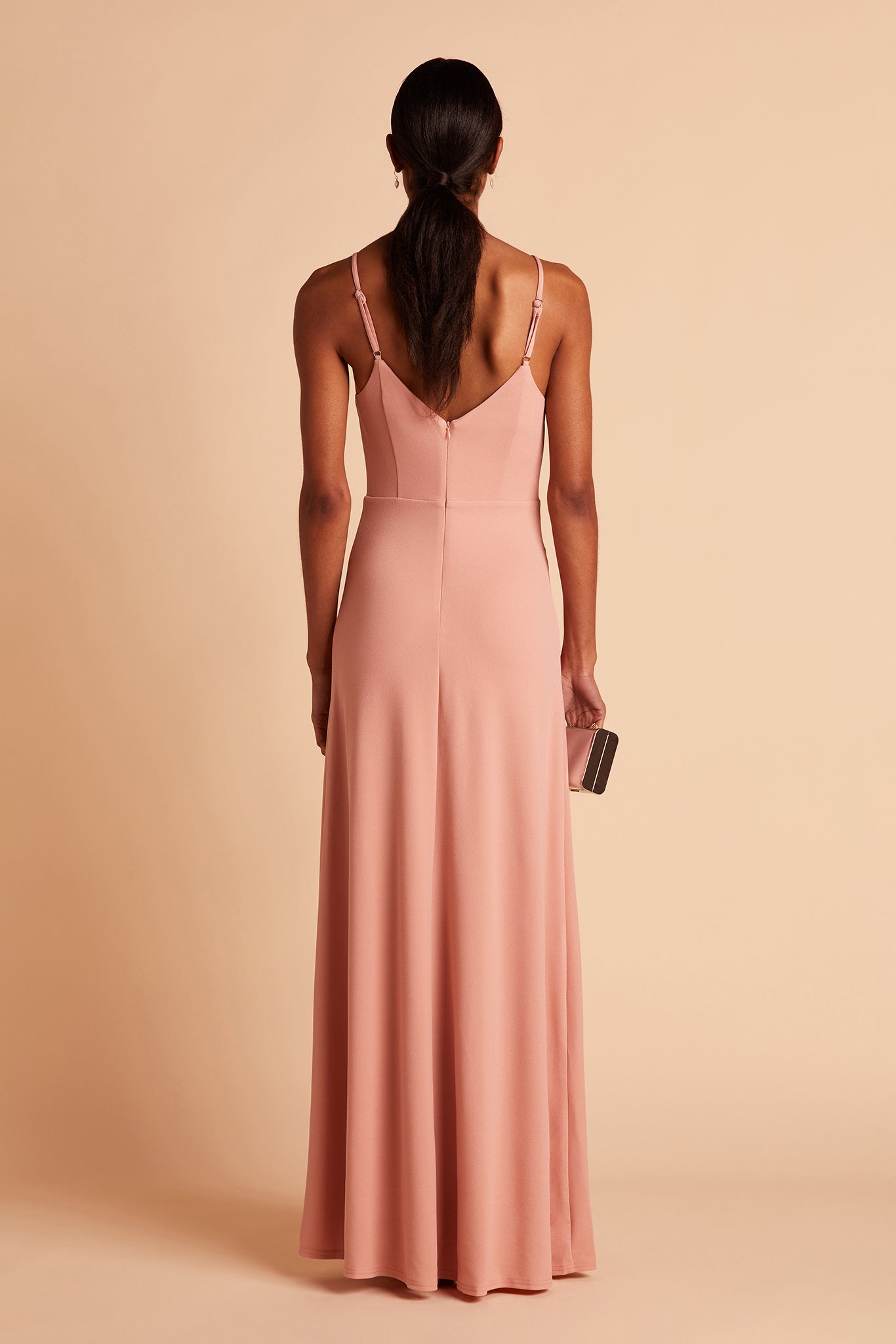 Jay bridesmaid dress with slit in dusty rose crepe by Birdy Grey, back view