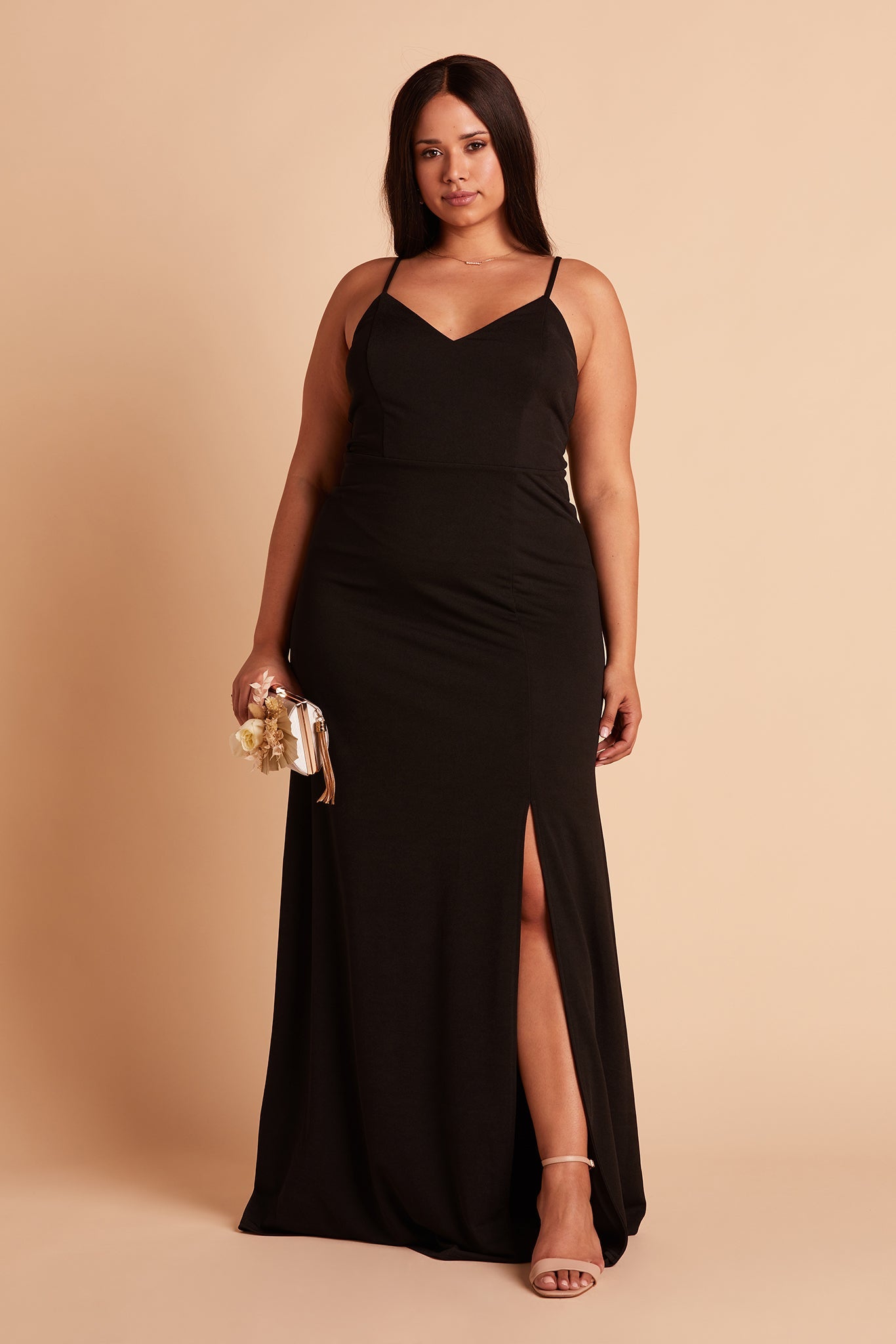 Jay plus size bridesmaid dress with slit in black crepe by Birdy Grey, front view