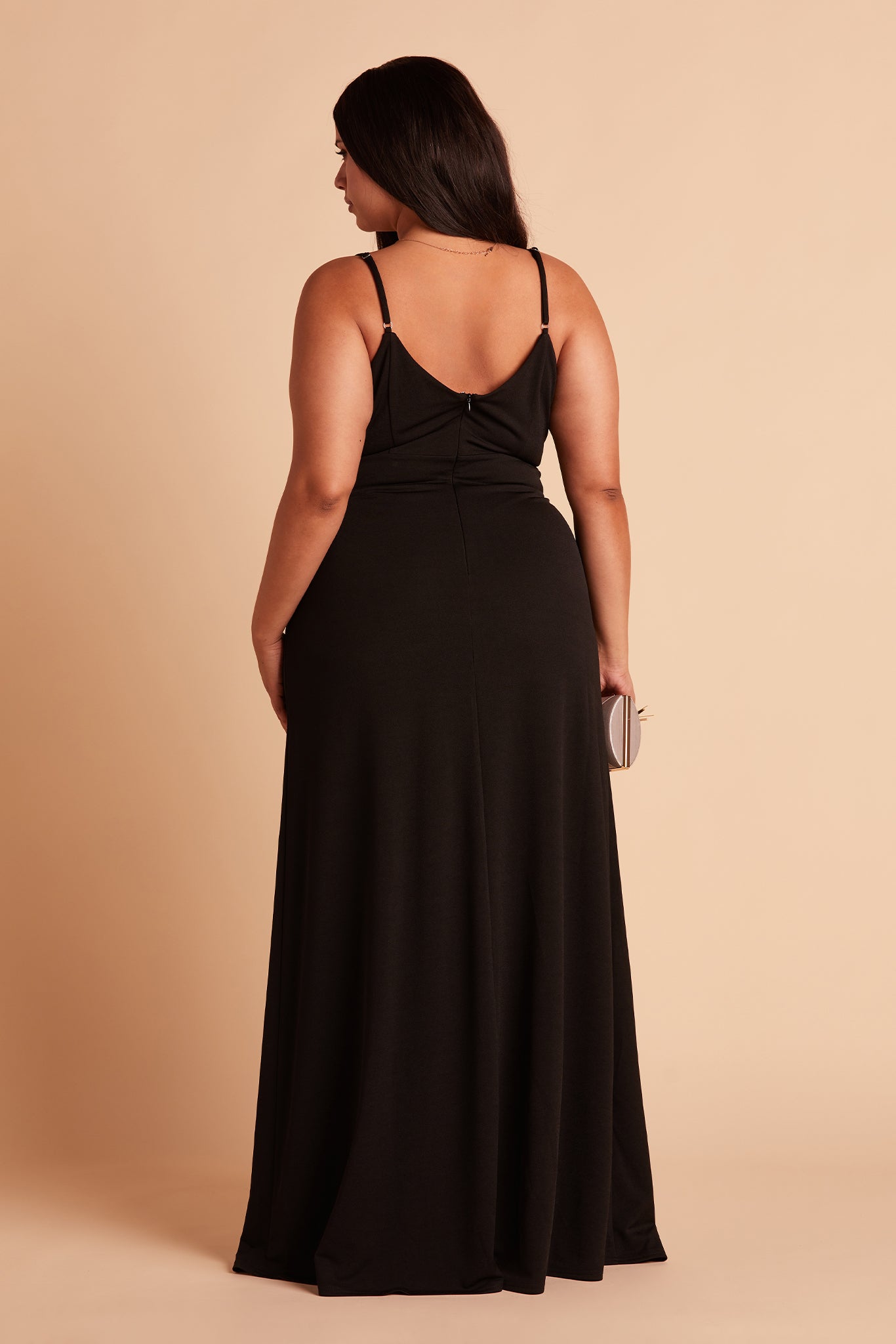 Jay plus size bridesmaid dress with slit in black crepe by Birdy Grey, back view