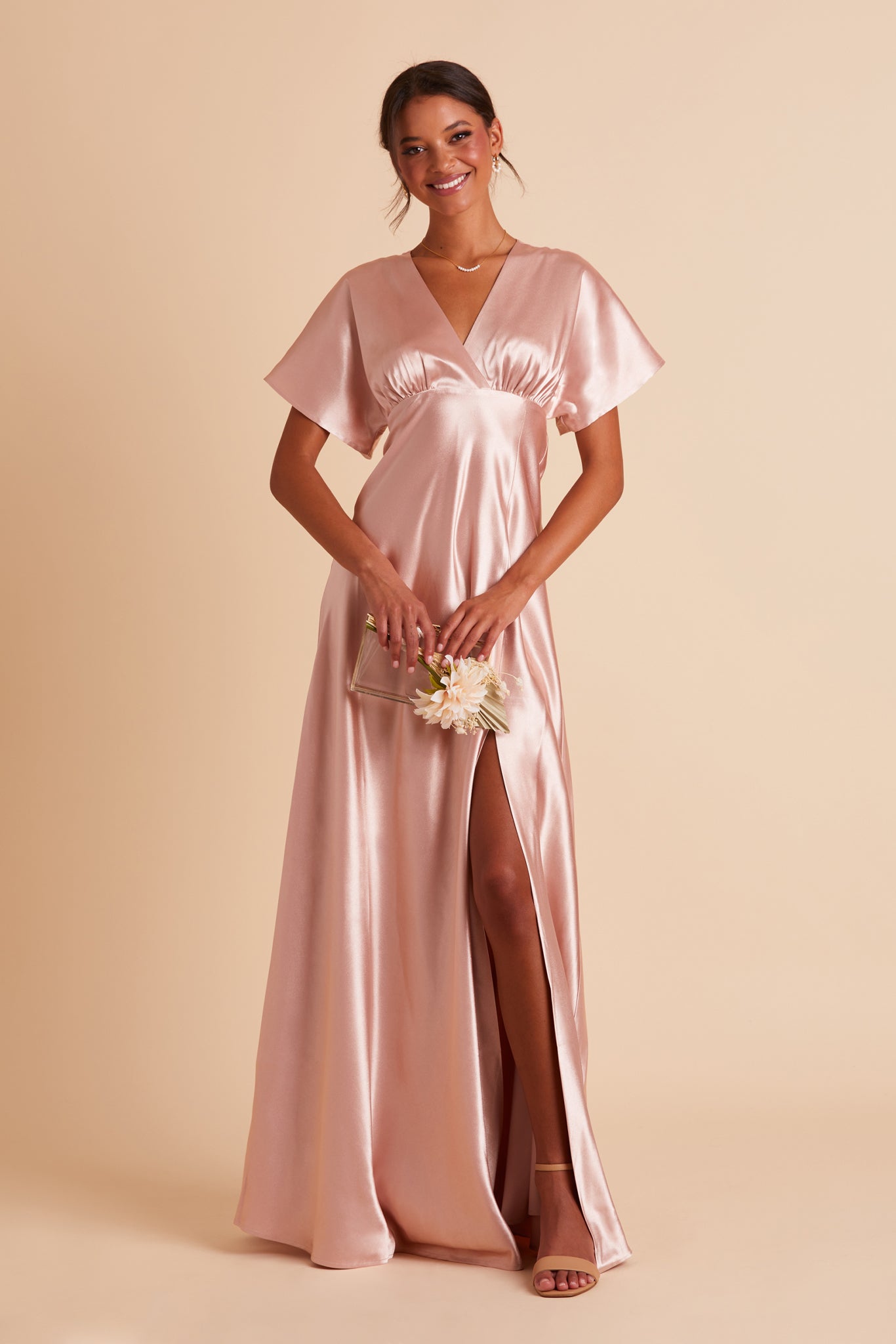 Jesse bridesmaid dress with slit in rose gold satin by Birdy Grey, front view