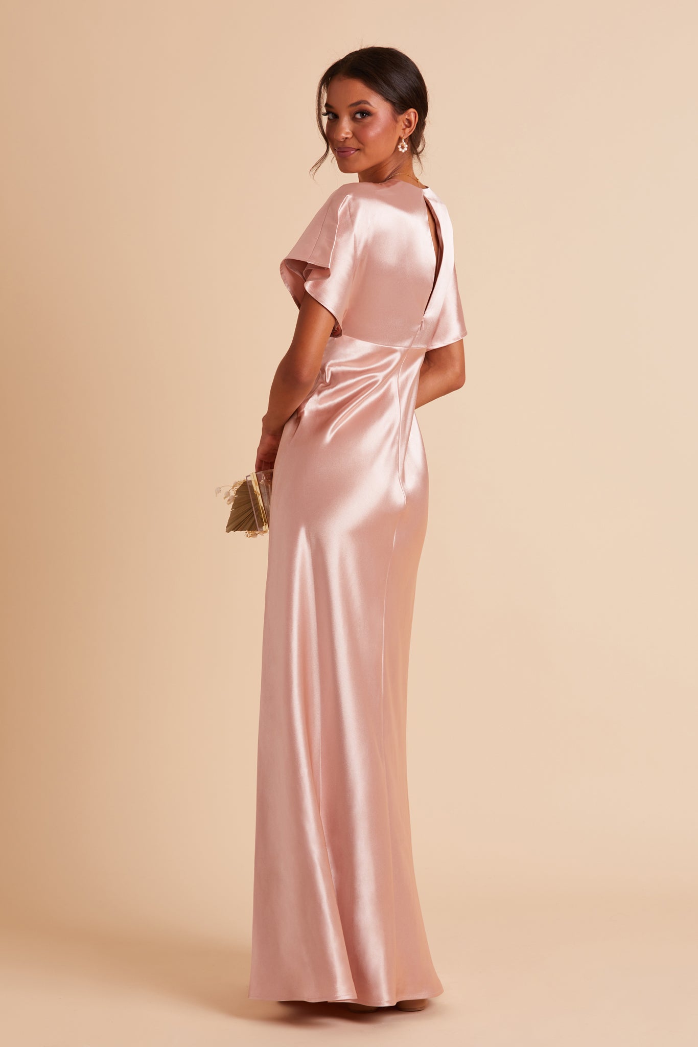 Jesse bridesmaid dress with slit in rose gold satin by Birdy Grey, back view