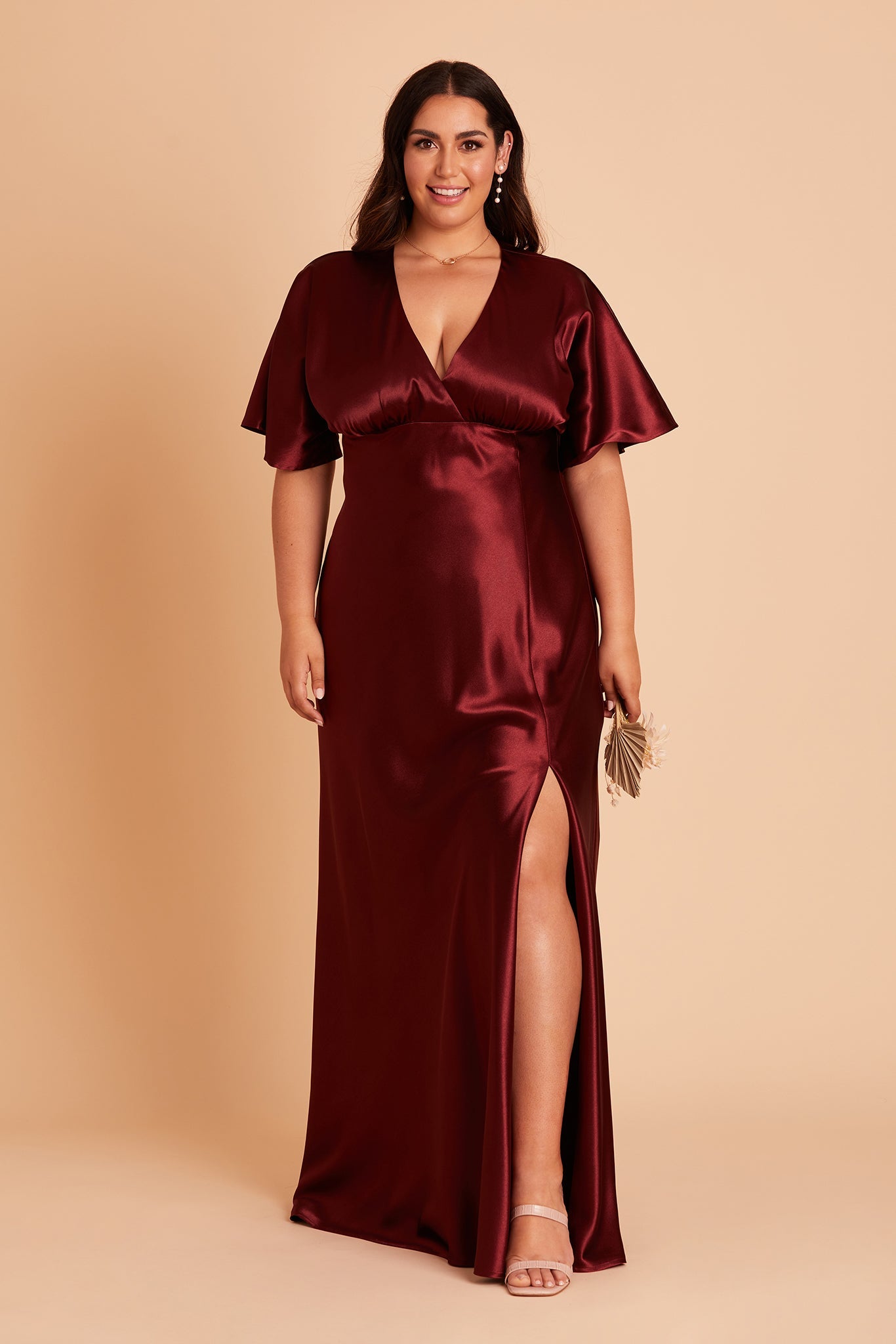 Jesse plus size bridesmaid dress with slit in cabernet satin by Birdy Grey, front view