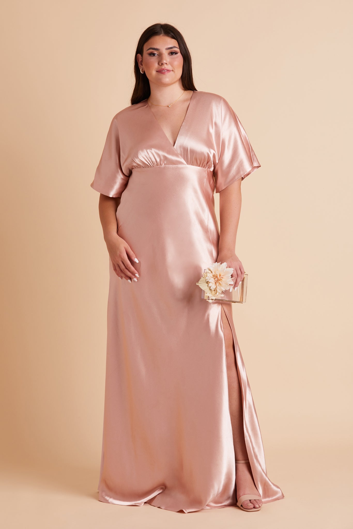 Jesse plus size bridesmaid dress with slit in rose gold satin by Birdy Grey, front view