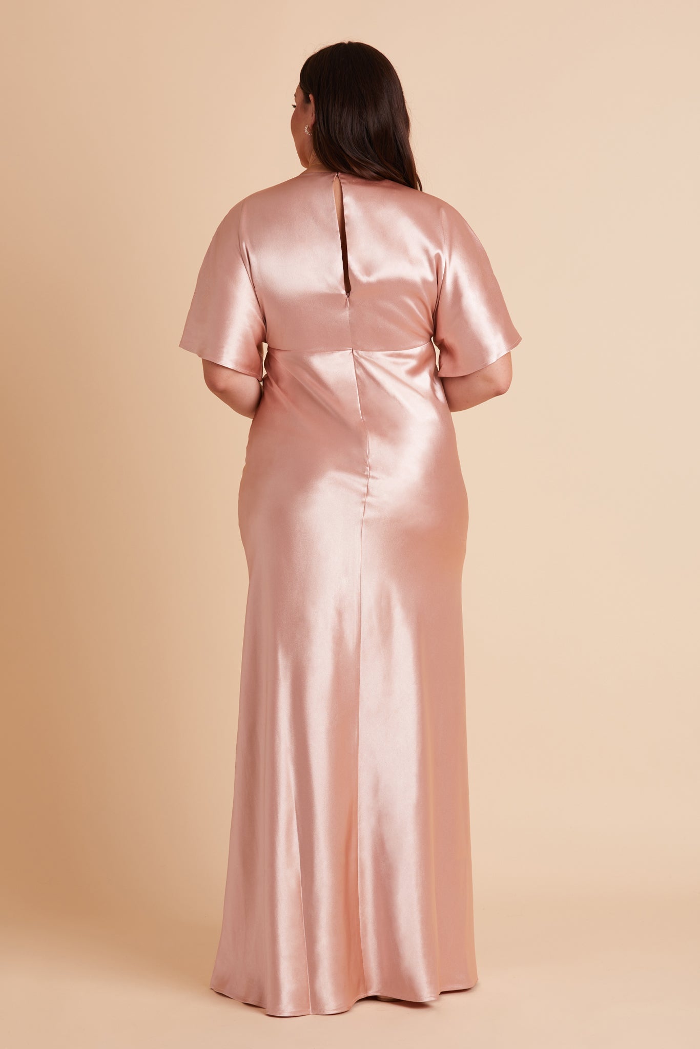 Jesse plus size bridesmaid dress in rose gold satin by Birdy Grey, back view