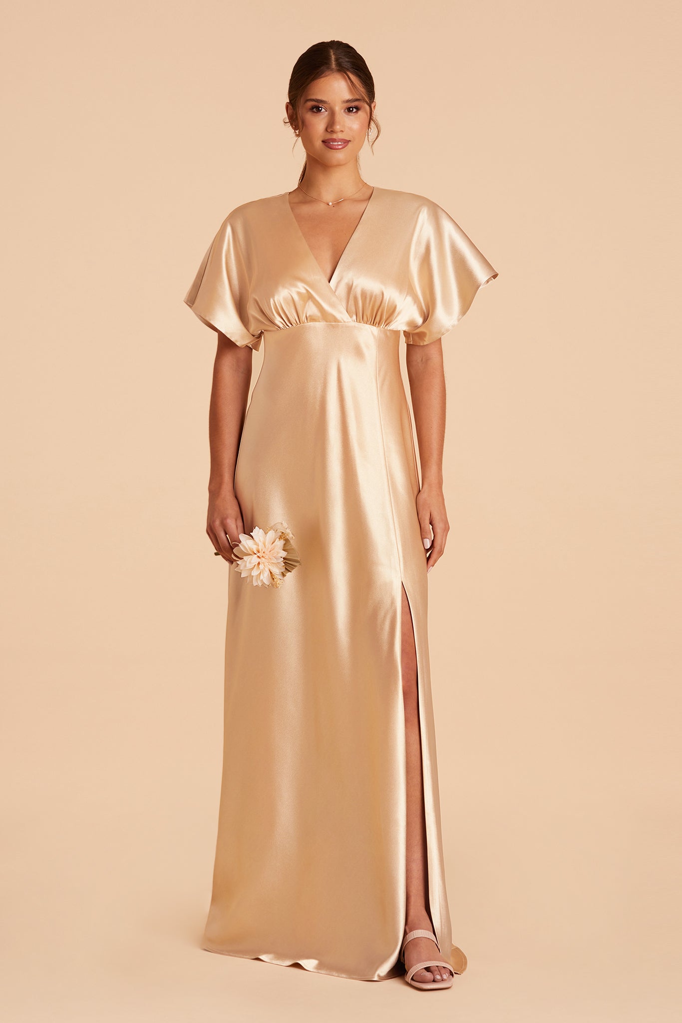 Jesse Satin Dress in gold satin by Birdy Grey, front view