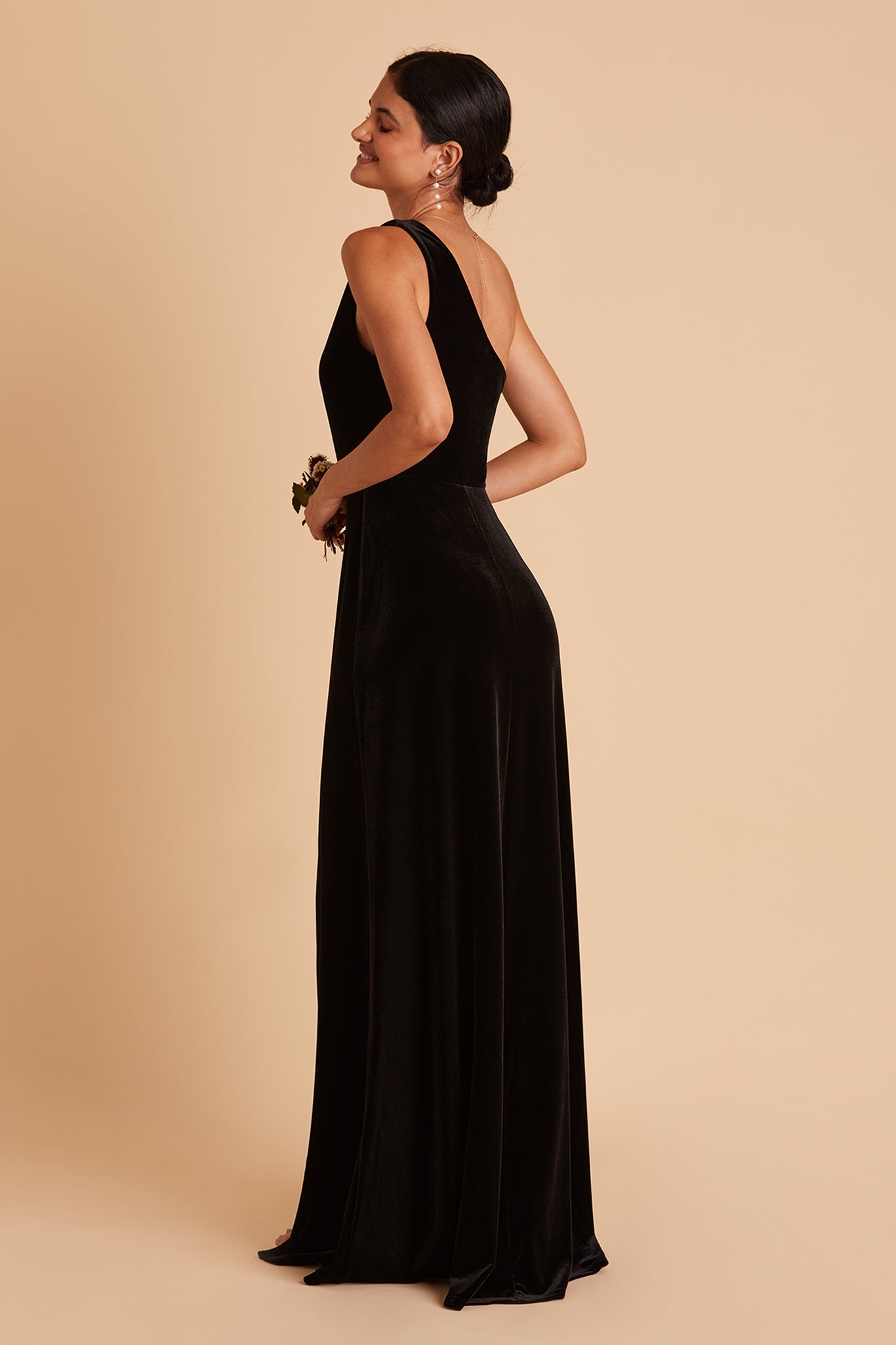 Kira bridesmaid dress with slit in black velvet by Birdy Grey, back view