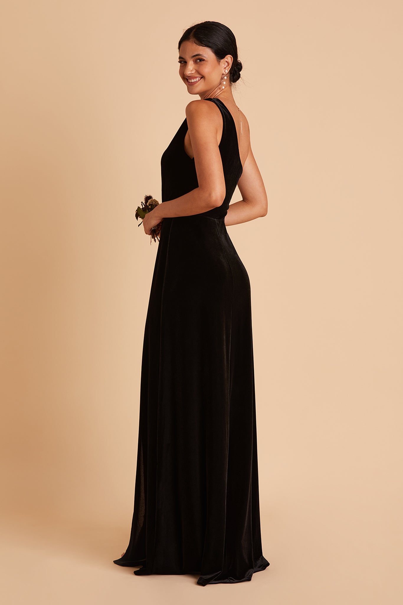 Kira bridesmaid dress with slit in black velvet by Birdy Grey, front view