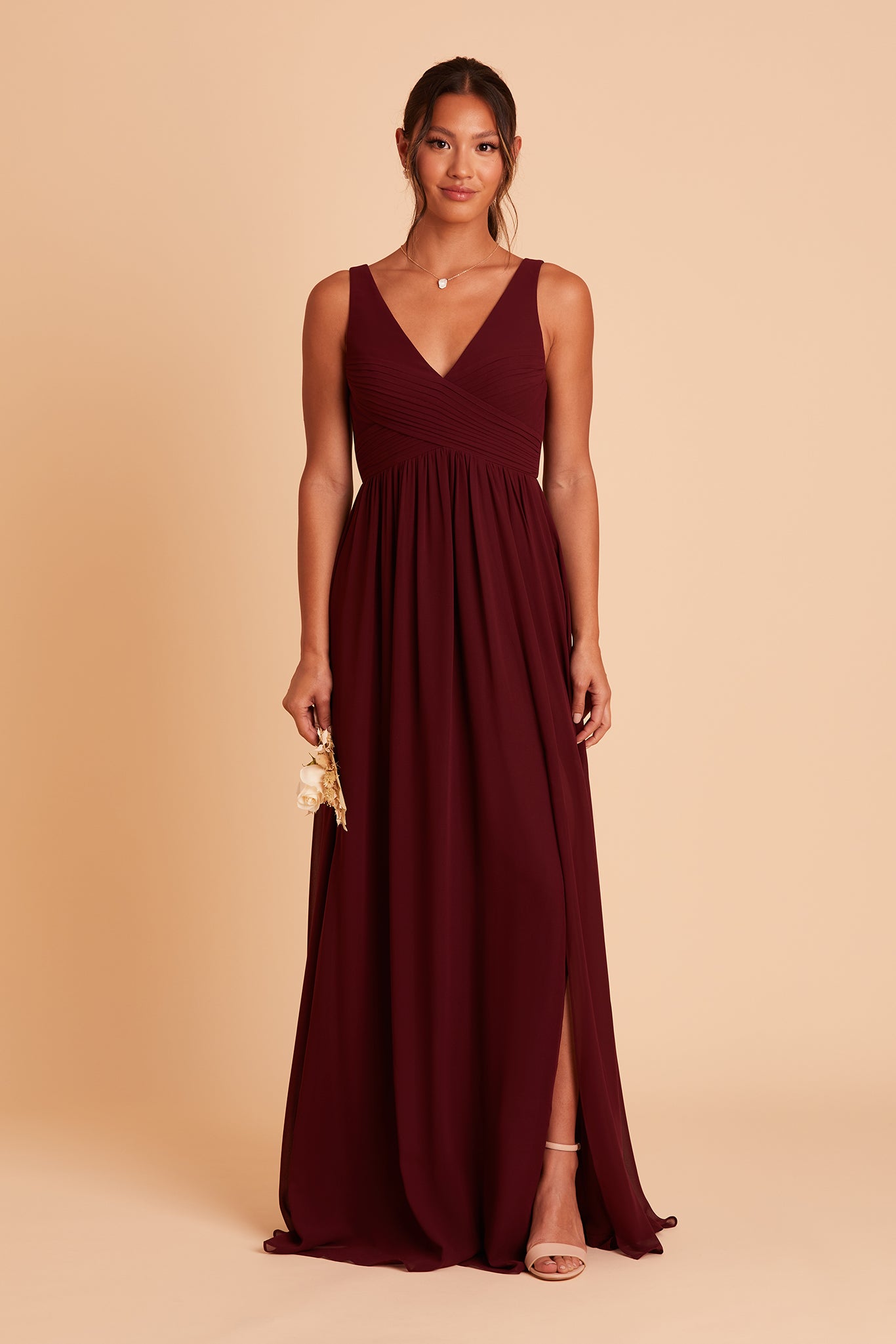 Laurie Empire bridesmaid dress with slit in cabernet chiffon by Birdy Grey, front view