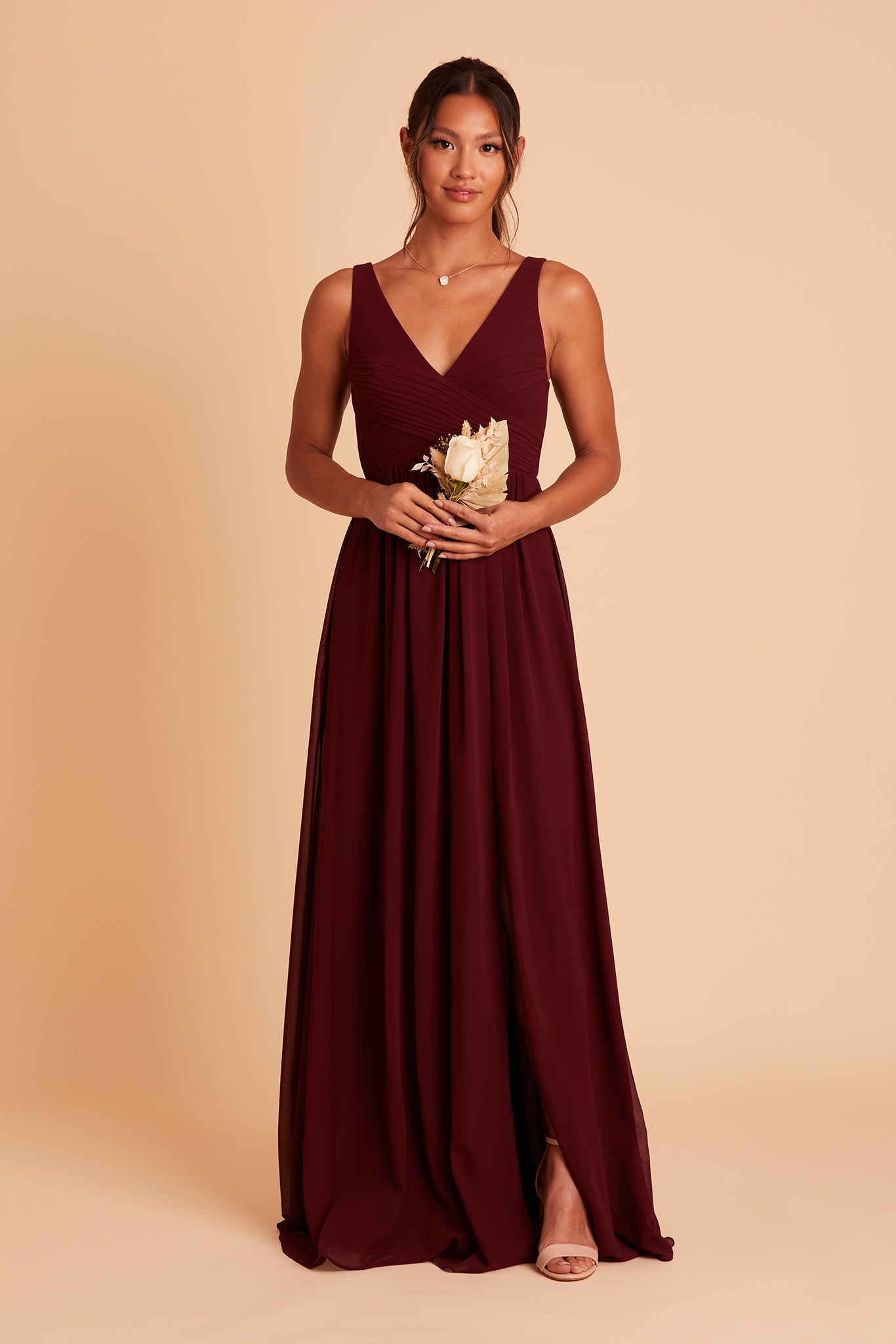 Laurie Empire bridesmaid dress with slit in cabernet chiffon by Birdy Grey, front view
