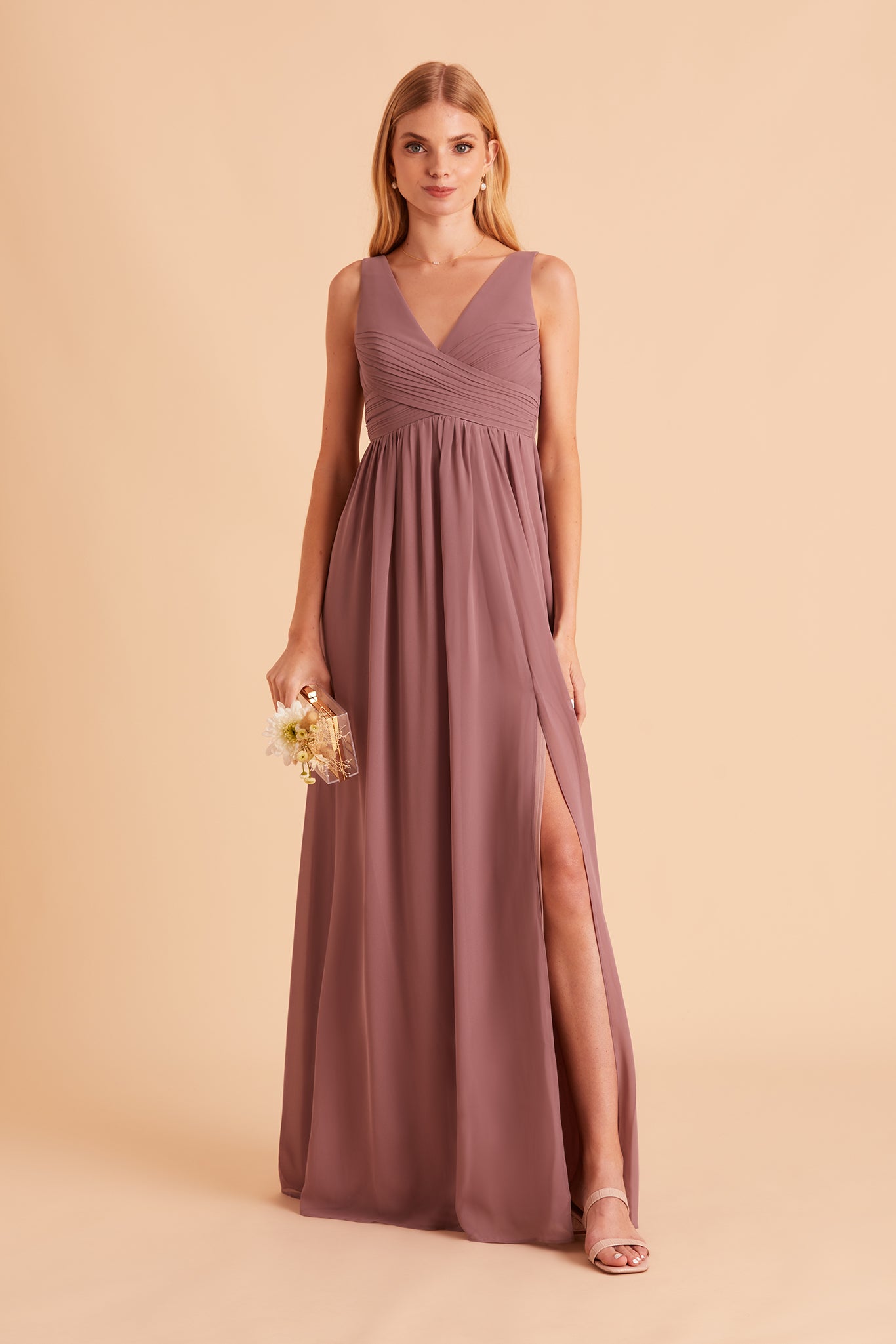 Laurie Empire bridesmaid dress with slit in dark mauve chiffon by Birdy Grey, front view
