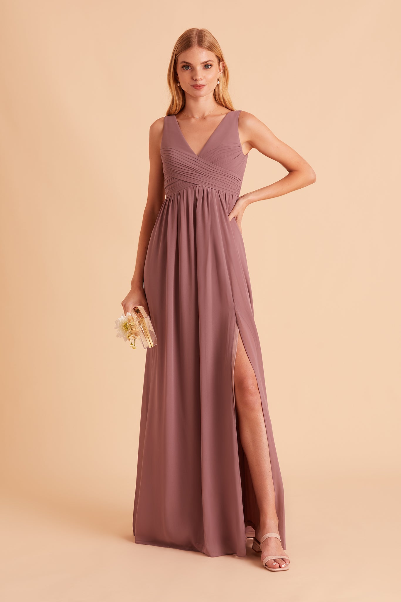 Laurie Empire bridesmaid dress with slit in dark mauve chiffon by Birdy Grey, front view