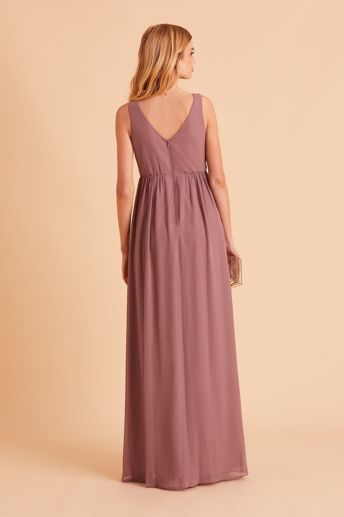 Laurie Empire bridesmaid dress with slit in dark mauve chiffon by Birdy Grey, back view