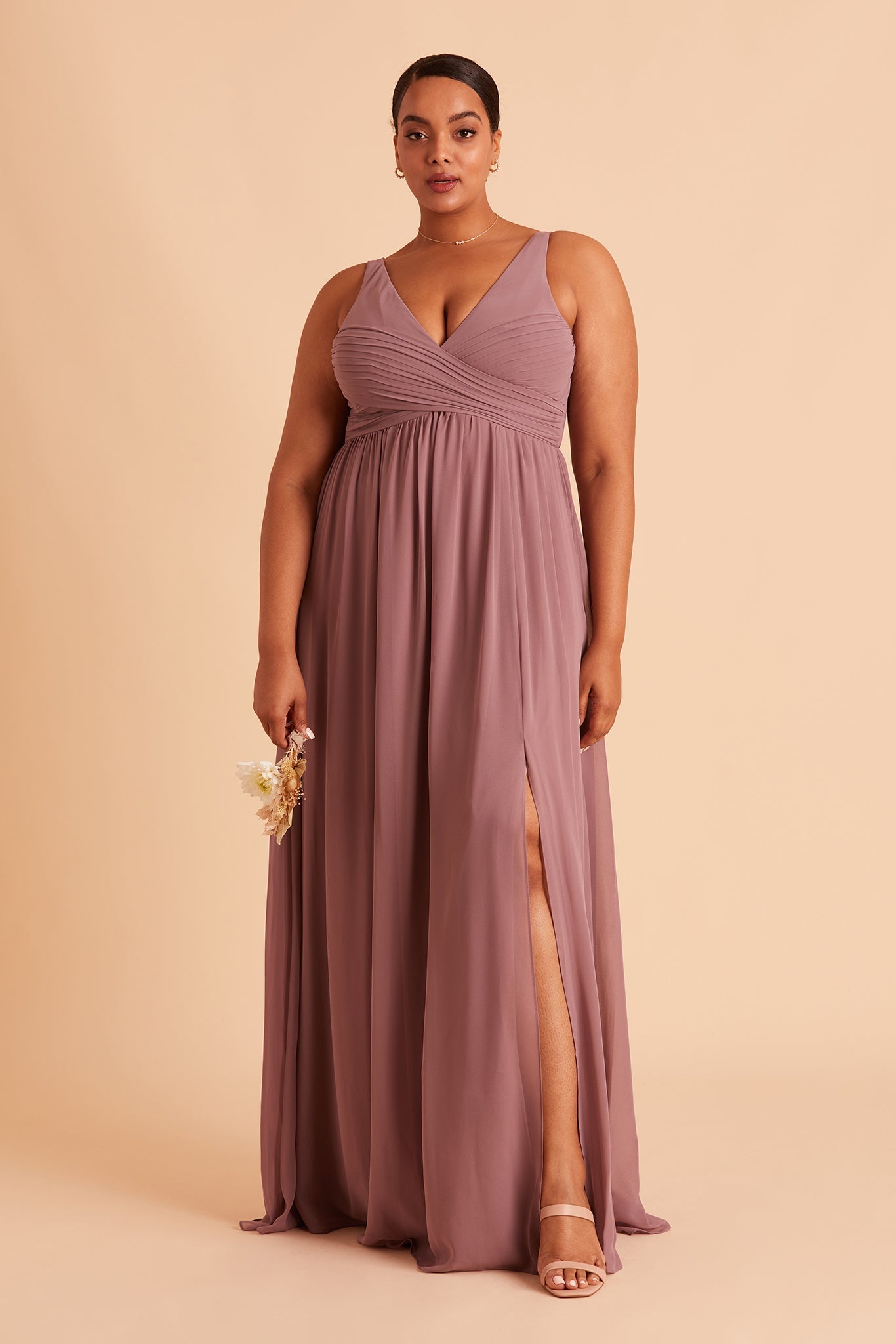 Laurie Empire plus size maternity bridesmaid dress with slit in dark mauve chiffon by Birdy Grey, front view