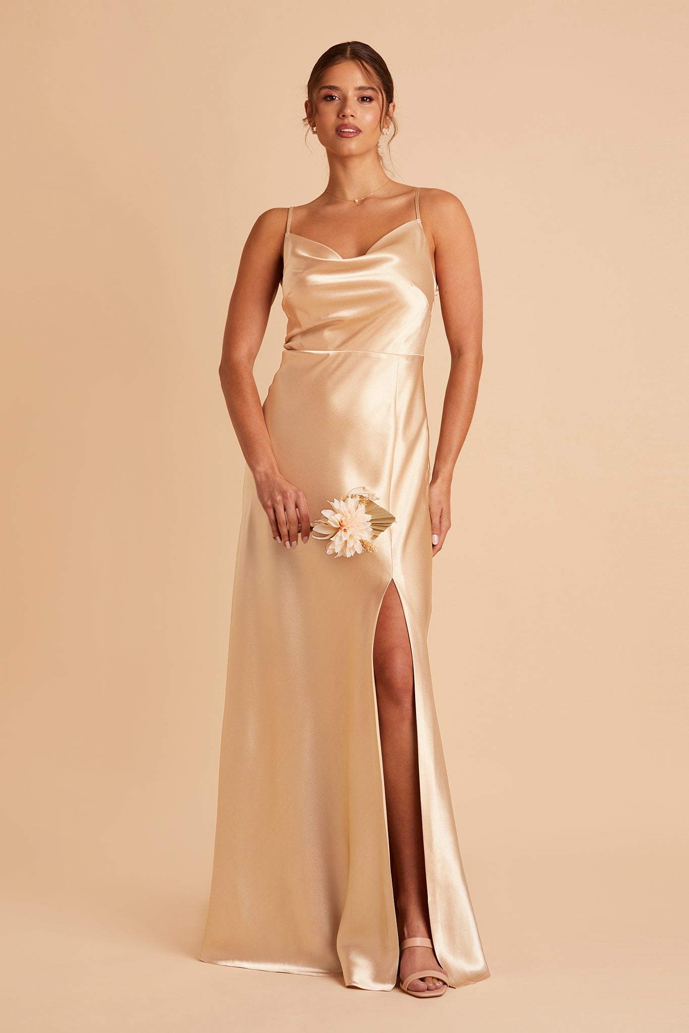 Gold Lisa Long Satin Dress by Birdy Grey