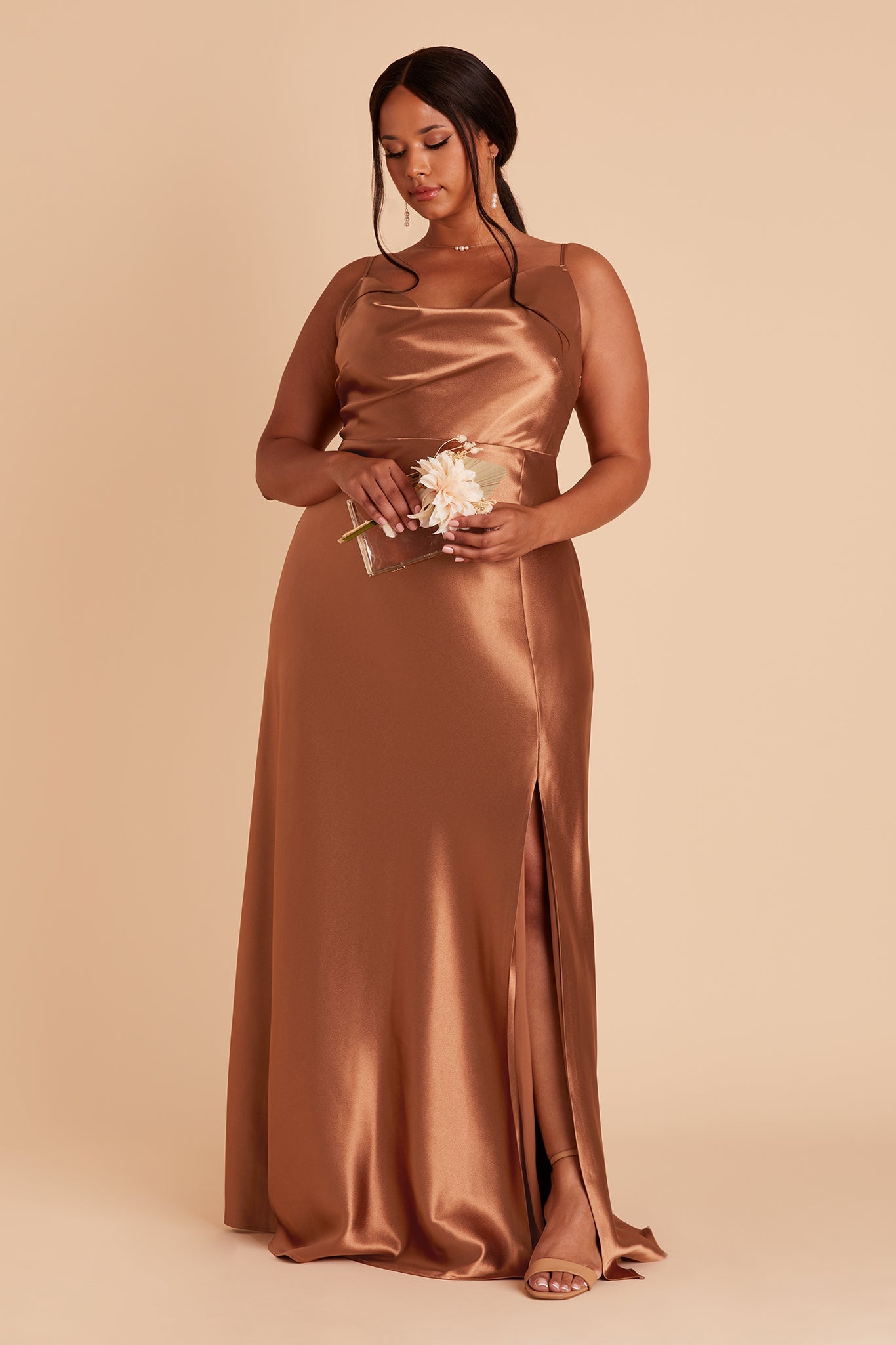 Lisa long plus size bridesmaid dress with slit in rust satin by Birdy Grey, front view