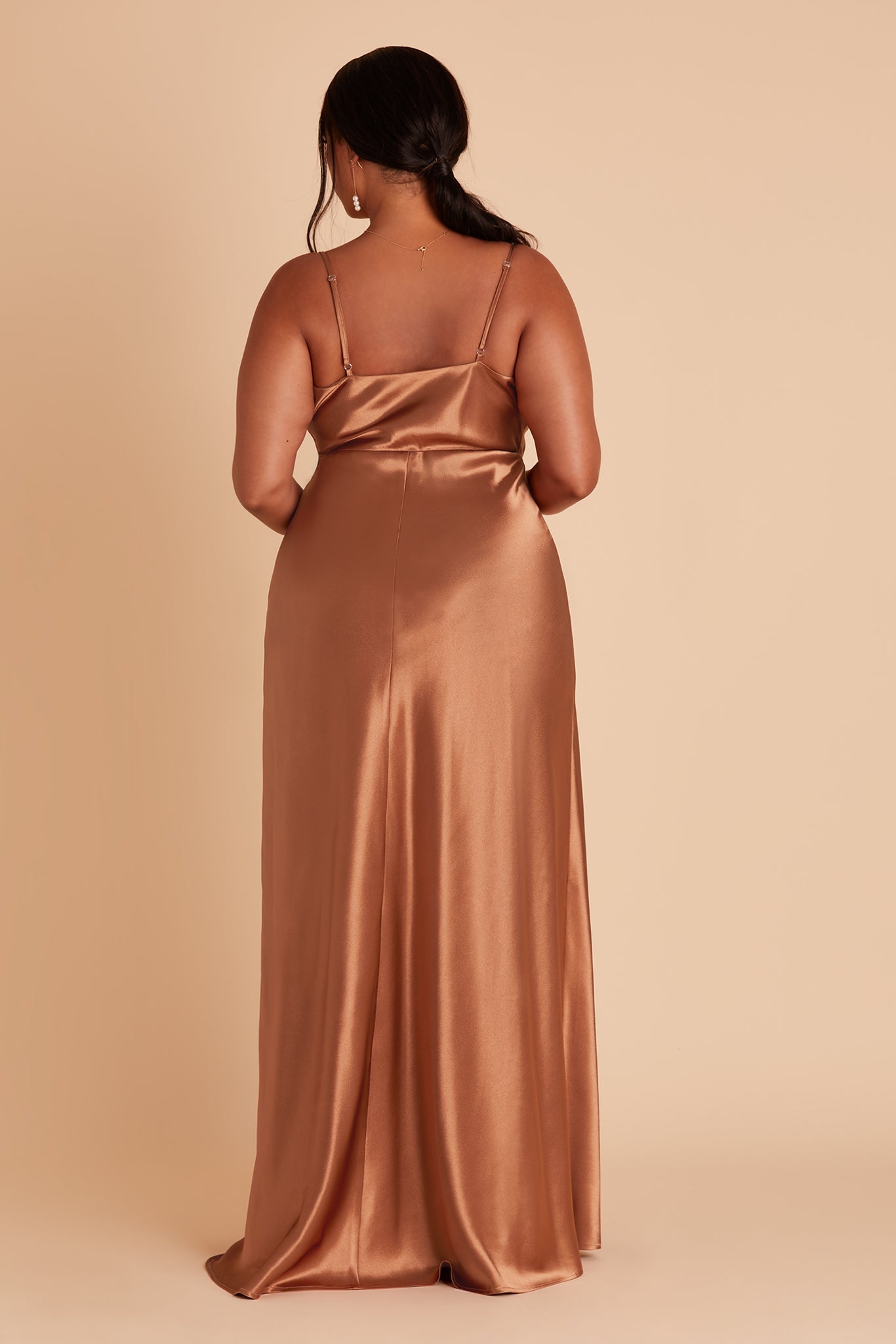 Lisa long plus size bridesmaid dress with slit in rust satin by Birdy Grey, back view